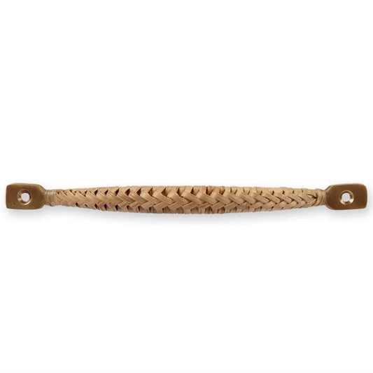 The VIENNA DRAWER PULL by Society Ink features a close-up of its woven wicker handle in a herringbone pattern, evoking the style of mid-century Viennese designer Carl Auböck, complete with attached wooden ends that have circular openings, set against a white background.