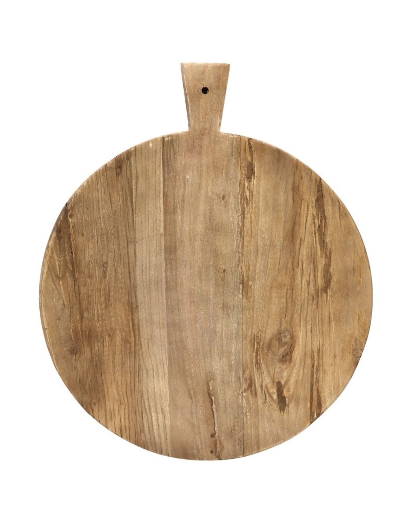The Hawthorne ROUND ARTISAN SERVING BOARD - 50CM is crafted from wood with a natural grain finish, exuding rustic charm. It features a handle with a small hole for hanging and serves as an ideal centerpiece for artisan presentations, shown laid flat against a plain white backdrop.