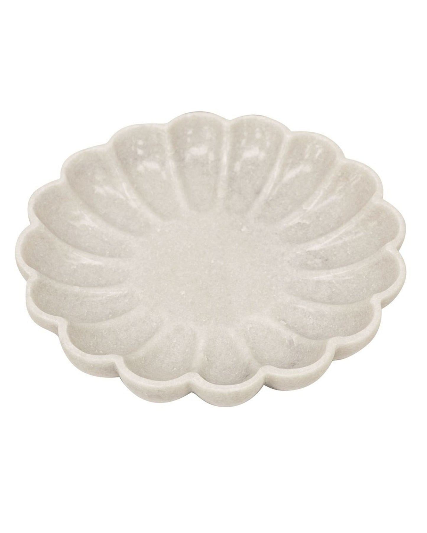 The FLORA PLEATED MARBLE DISH - LARGE by Hawthorne, crafted from Makrana White Marble with a scalloped edge, features a floral-shaped design and petal-like segments around the rim, epitomizing elegance.