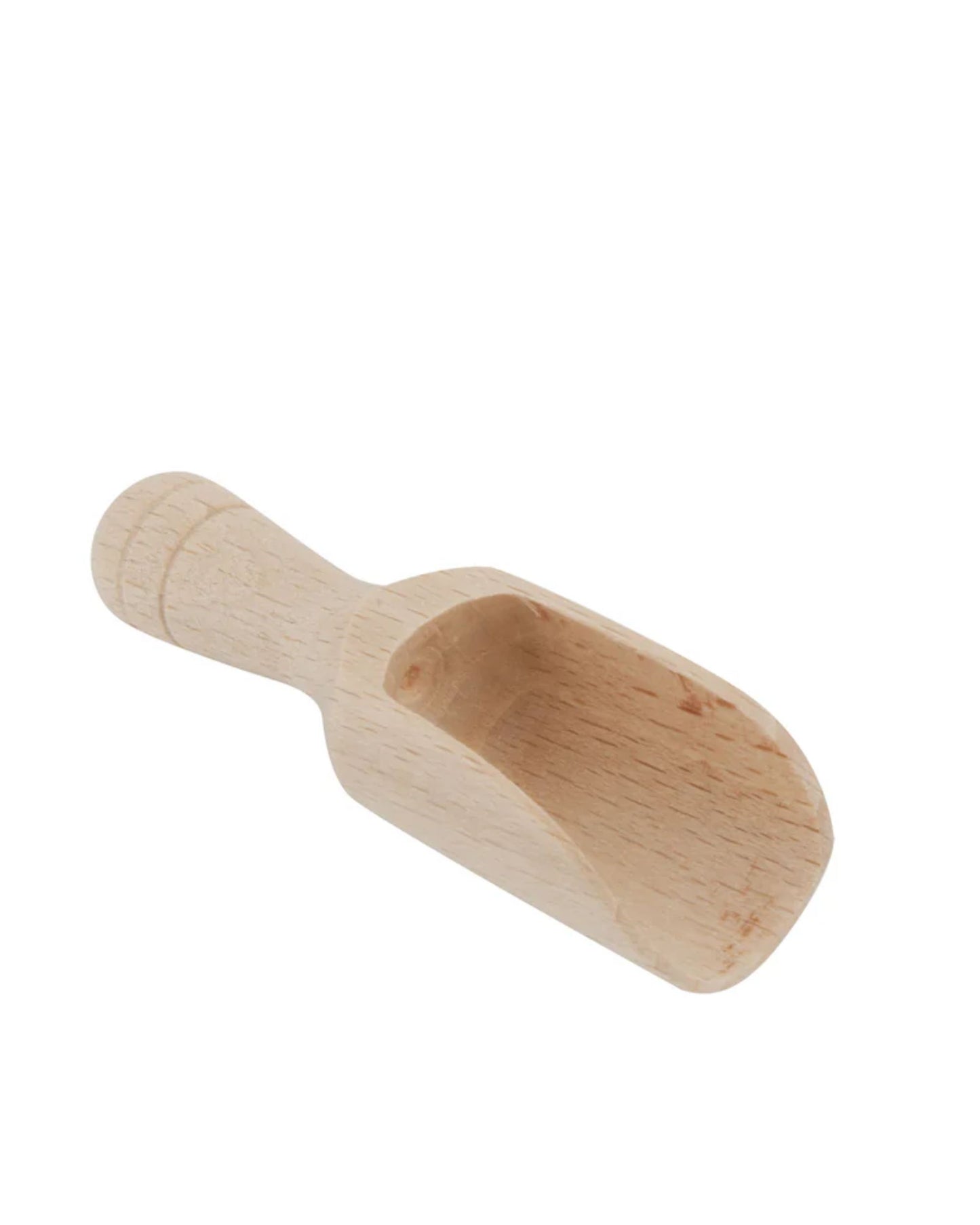 A compact, light-colored beechwood SALT SCOOP by Redecker is shown against a simple white background. This eco-friendly scoop features a rectangular shape with a rounded end, ideal for measuring or serving dry goods such as flour or sugar.