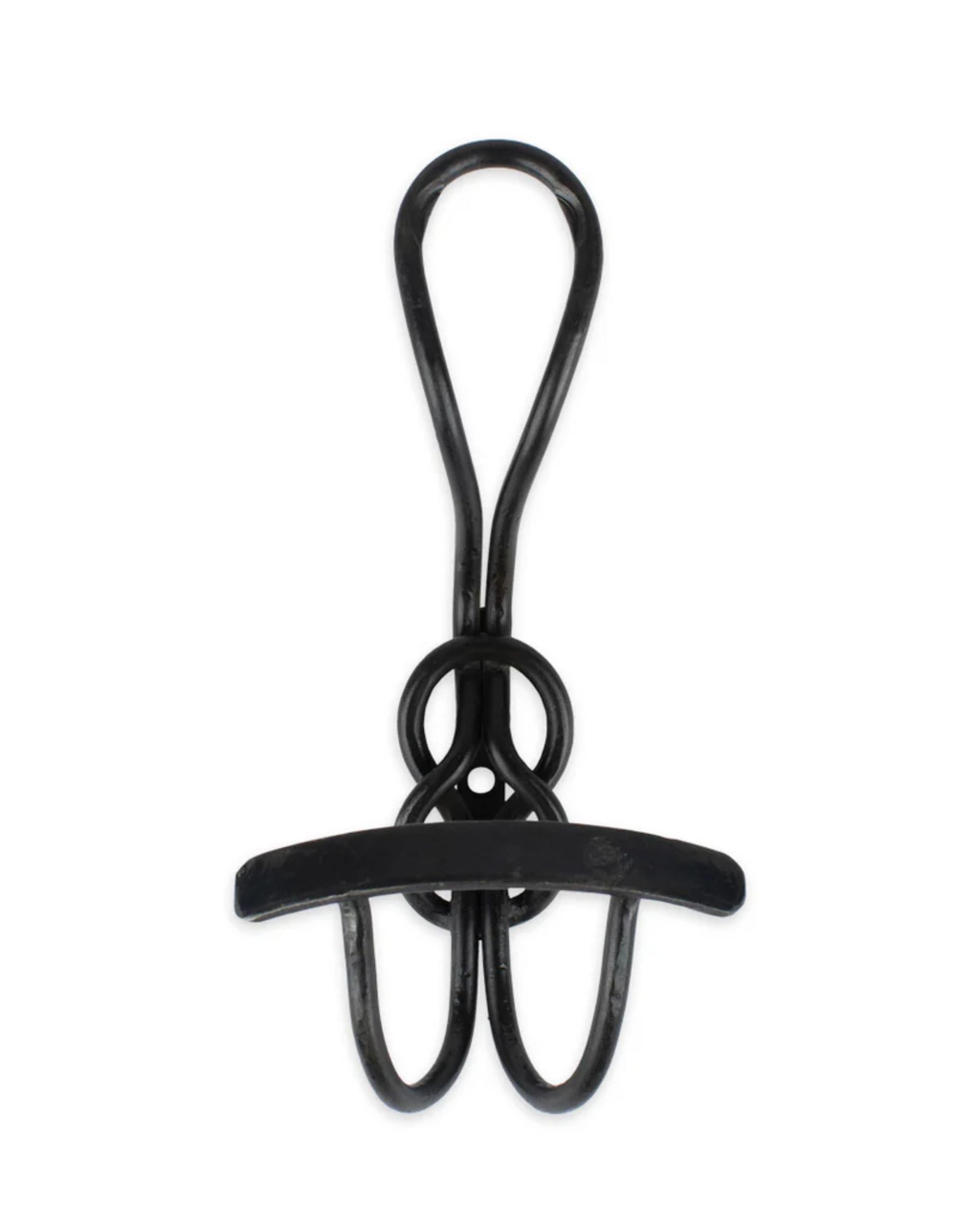 The REEF KNOT HOOK by Society Ink, a black metal wire puzzle that doubles as a decorative piece, showcases interlocking loops and a flat horizontal centerpiece, all intricately designed to be cleverly disentangled.