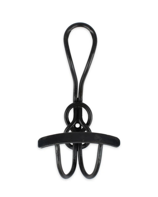 The REEF KNOT HOOK by Society Ink, a black metal wire puzzle that doubles as a decorative piece, showcases interlocking loops and a flat horizontal centerpiece, all intricately designed to be cleverly disentangled.