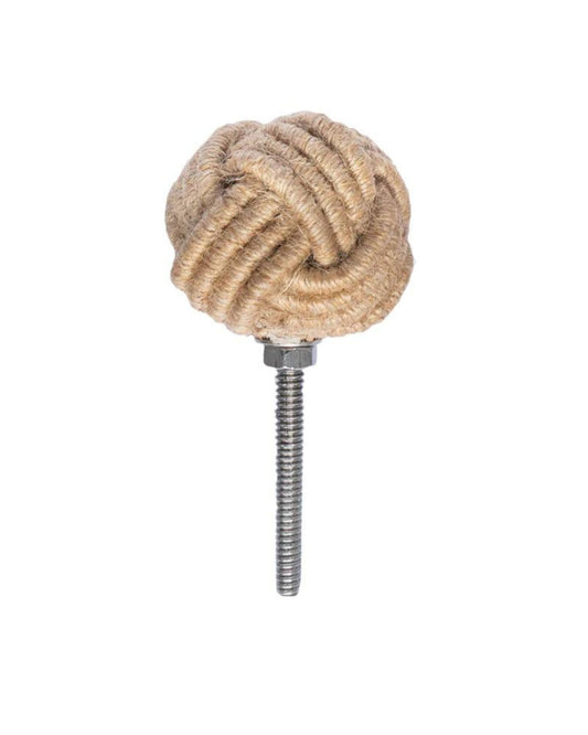 Introducing the MONKEYS FIST DRAWER PULL by Society Ink, a decorative piece featuring a monkey fist knot woven from beige rope and attached to a metal screw. This round, intricately crafted knob is perfect for adding nautical or rustic charm to your drawer collection.