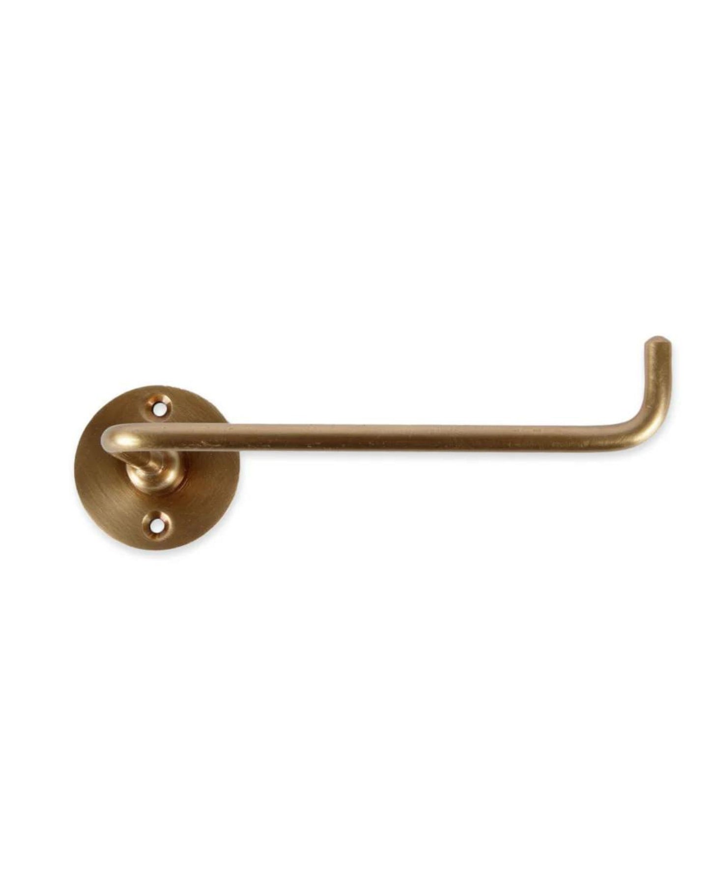 Introducing the STOWAWAY TOILET PAPER HOLDER by Society Ink, a brass accessory featuring a minimalist design with a circular base and dual screw holes for effortless wall mounting. Its straight, horizontal arm ends in an upward curve to securely hold the toilet paper roll, providing both functionality and elegance.