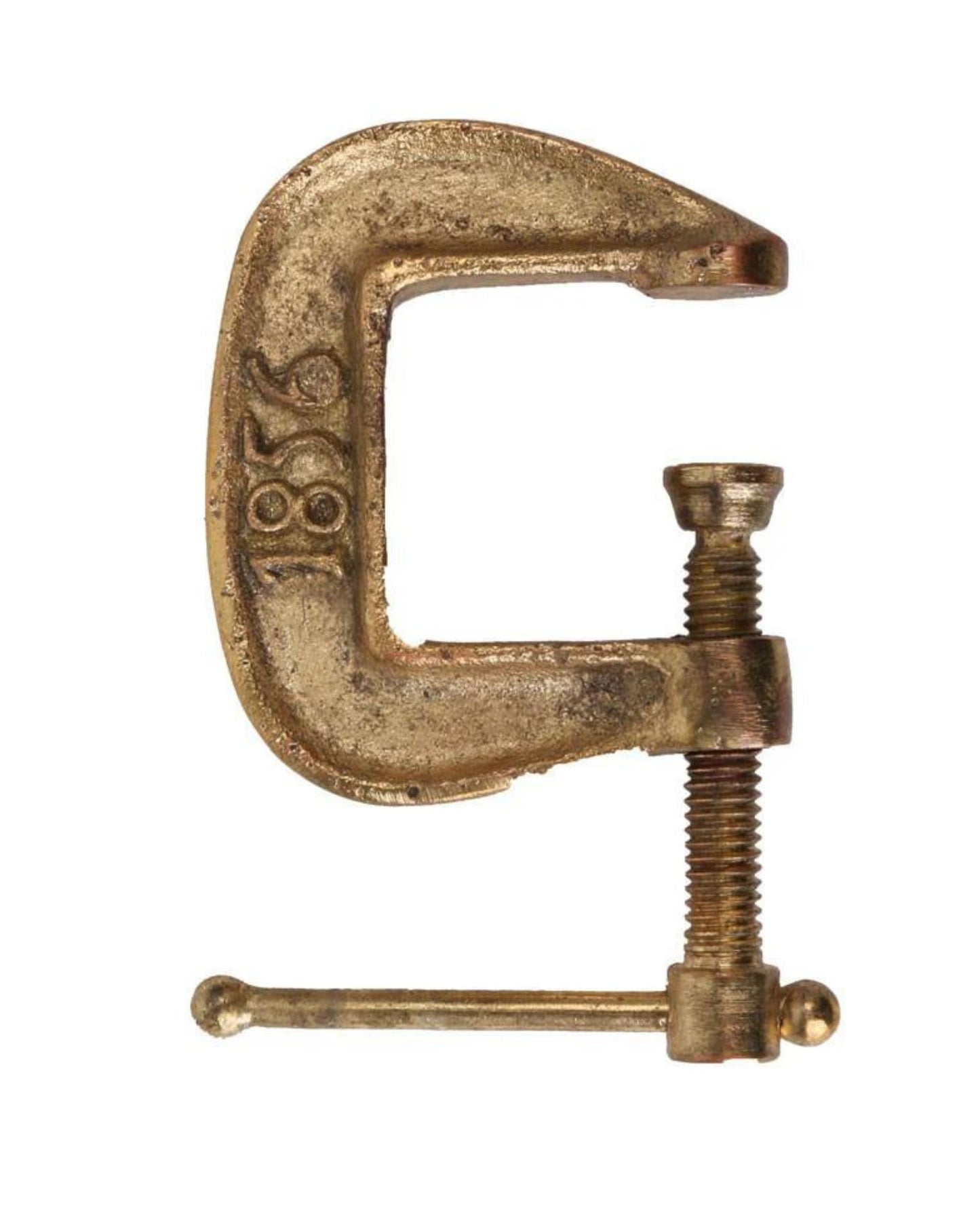 A WRIGHT G-CLAMP by Society Ink, inspired by classic hardware design, features a slender screw and handle engraved with the year 1856. Posed against a simple white background, it showcases its antique finish and craftsmanship.