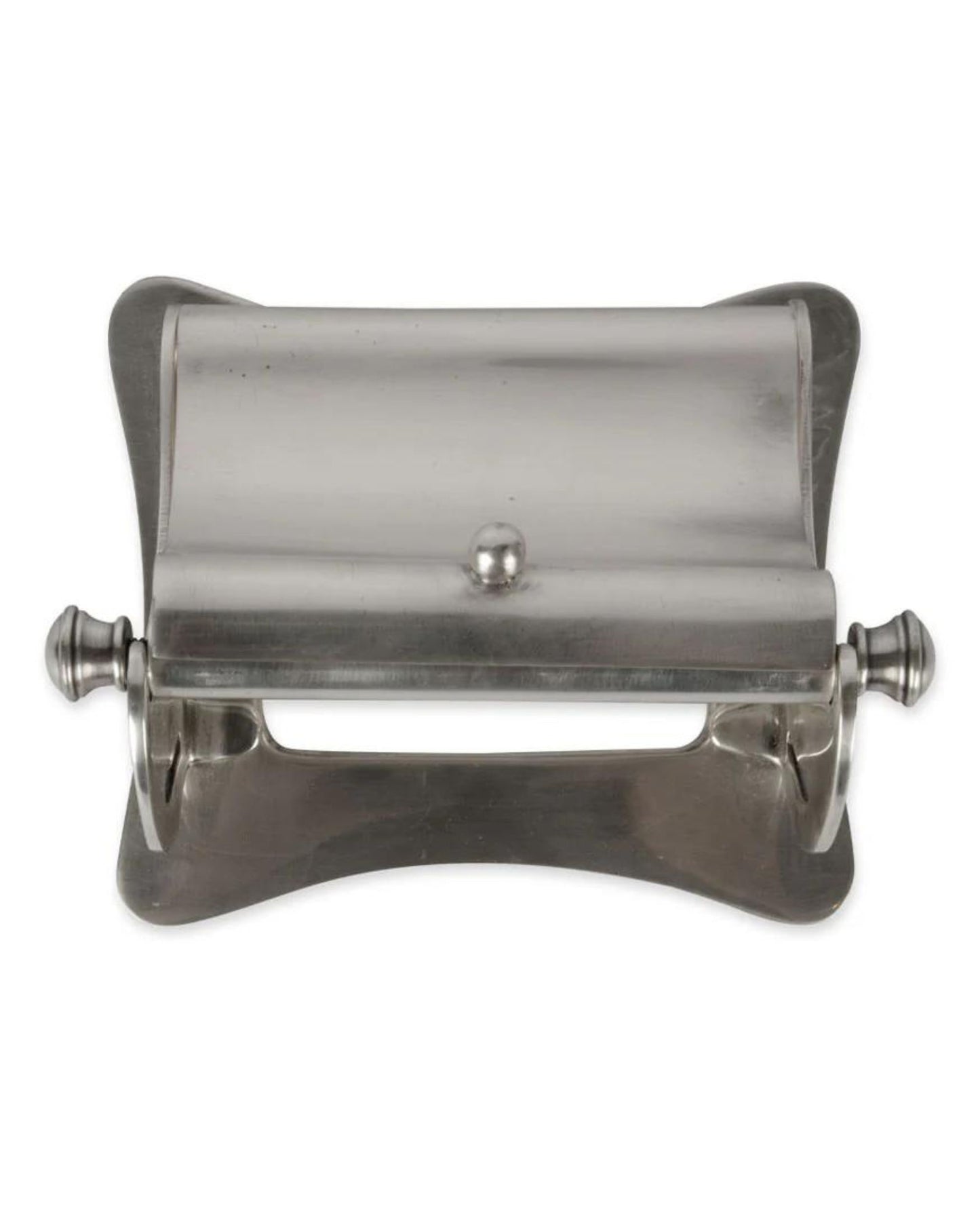 The BERNARD TOILET ROLL HOLDER by Society Ink boasts a nickel finish that brings sophistication to its metal wall-mounted design, complete with a rectangular base and gracefully curved cover. The decorative finials on each side provide a vintage flair, making it an ideal choice for adding an elegant touch to any bathroom decor.