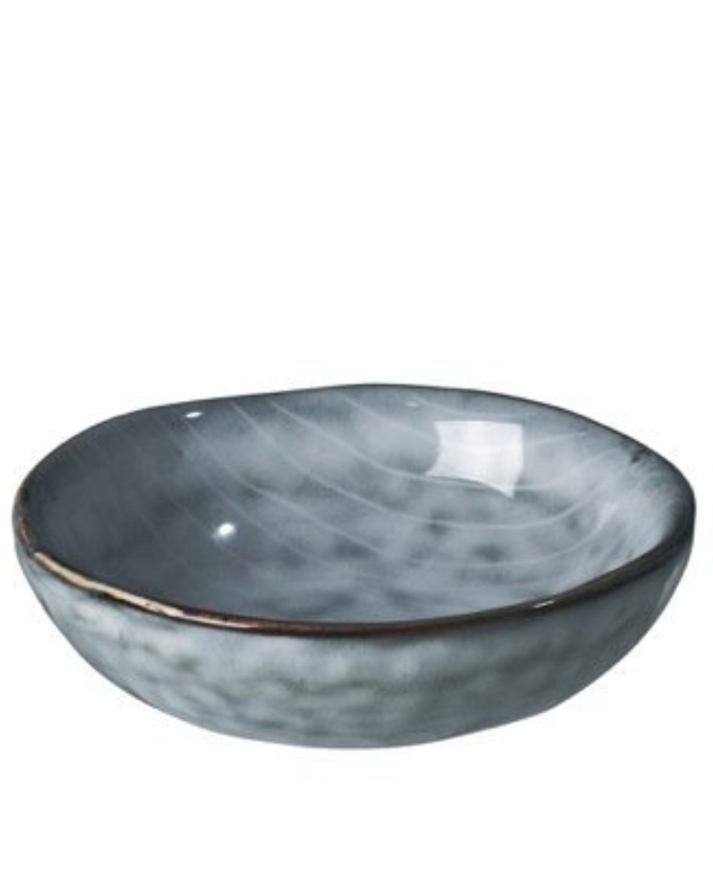 Introducing the BUTTER BOWL by Broste: Crafted from high-quality stoneware, this ceramic bowl features a glossy gray finish and a slightly irregular shape, capturing the essence of Scandinavian elegance. Its smooth, marbled texture highlights subtle color variations for an artistic and sophisticated appearance, seamlessly blending minimalist modern flair with expert craftsmanship.