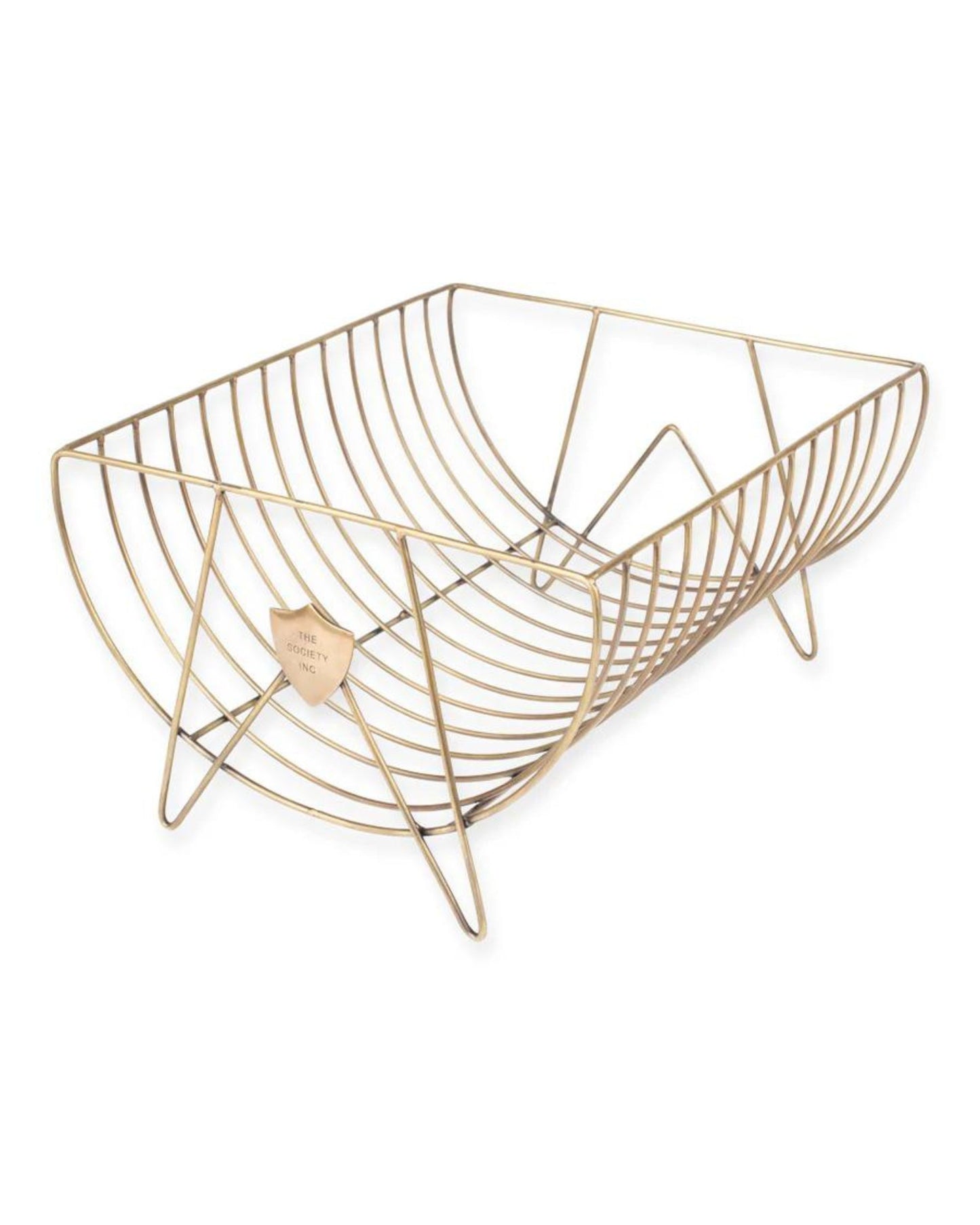 A brass metal wire dish rack with a geometric design and a small, shield-shaped tag that reads SOCIETY INK is pictured on a white background. The rack, part of the Compass range, is rectangular with open sides and curved supports.