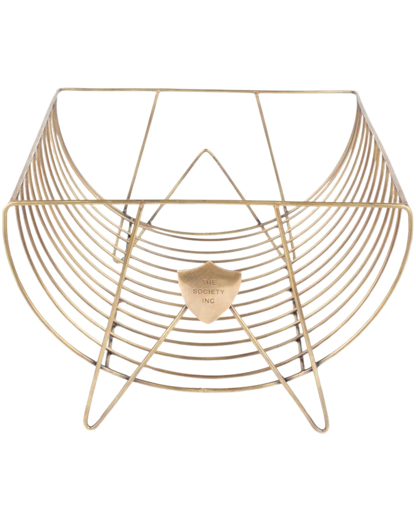 The COMPASS DISH RACK by Society Ink is a decorative brass fruit basket designed with a geometric pattern that showcases both curved and angular lines. Renowned for its corrosion resistance, it features a small badge on the front labeled SOCIETY INK.