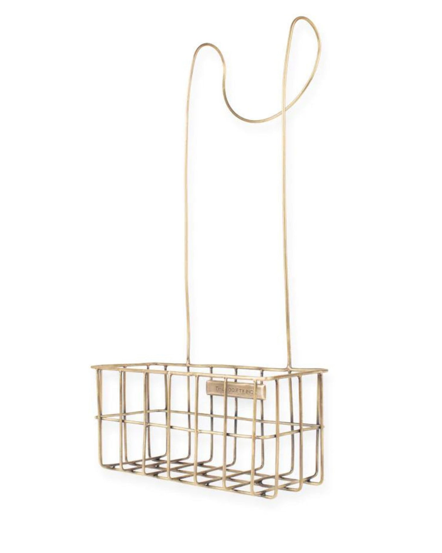 Introducing the COMPASS LOOP CADDY by Society Ink: a rectangular wire basket with a brass finish and a long, slender handle. Its open grid design is corrosion-resistant and includes a small rectangular plate on one side.