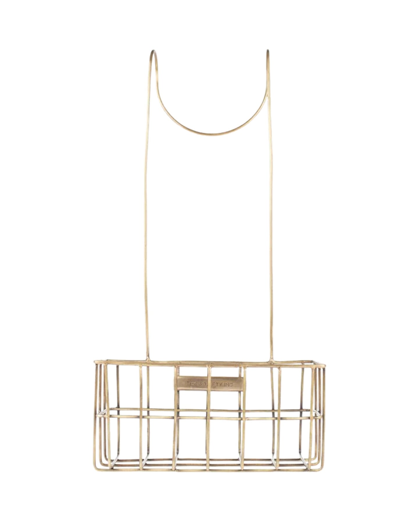 The COMPASS LOOP CADDY from Society Ink is a minimalist piece crafted from gold wire featuring two elongated handles. This brass creation showcases an open rectangular cage structure, providing corrosion resistance and versatile functionality for both storage and decorative uses.