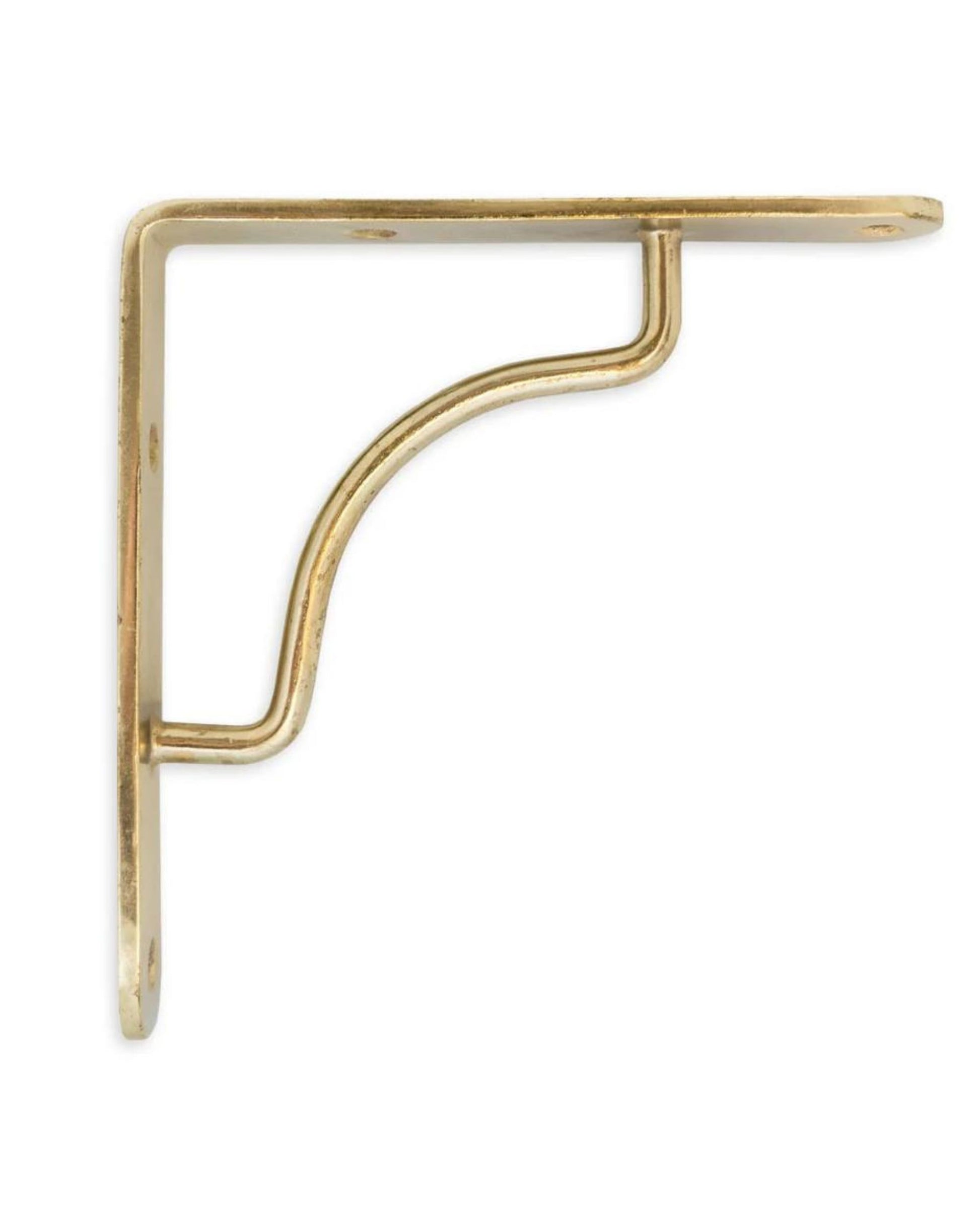 Introducing the PANHANDLER BRACKET by Society Ink: a brass-plated iron wall bracket featuring a decorative curved support. Ideal for shelves or structural reinforcement, its sturdy design includes a right angle and three mounting holes, combining elegance and functionality seamlessly.