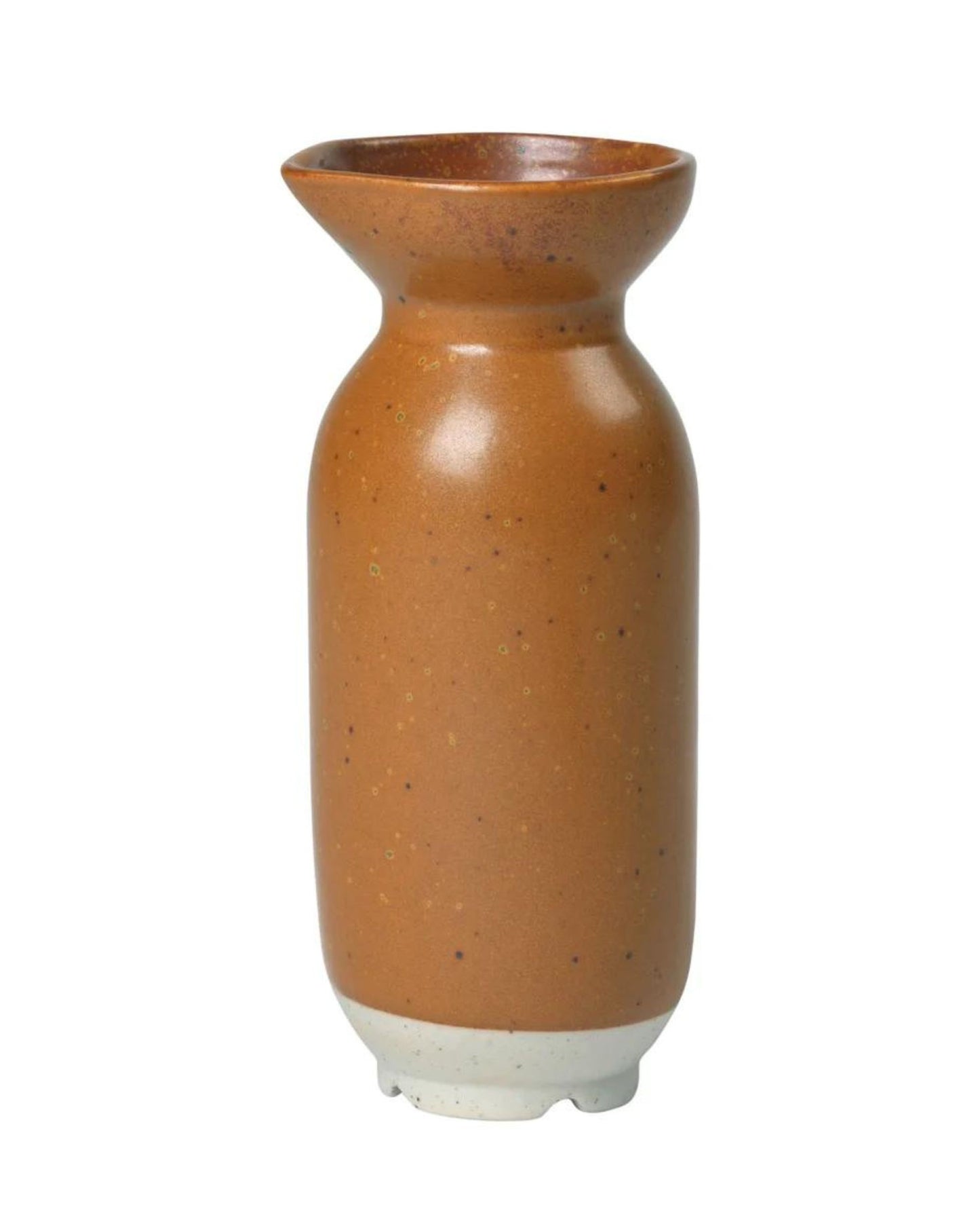 The ELI JUG by Broste is a tall, cylindrical, brown ceramic vase with a narrow neck and flared rim, radiating modern elegance. Its speckled texture provides a striking contrast to the lighter beige base, while its smooth and glossy surface enhances any setting with a refined touch.