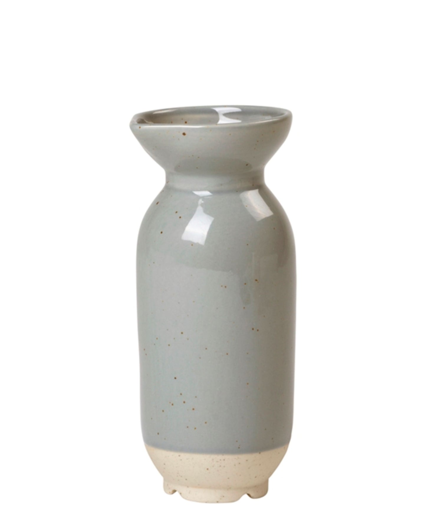 The ELI JUG by Broste exudes modern elegance with its tall, light grey ceramic design, wide flared opening, and smooth surface. Subtle speckles and a slightly glossy finish enhance its charm, all set against a plain white background.