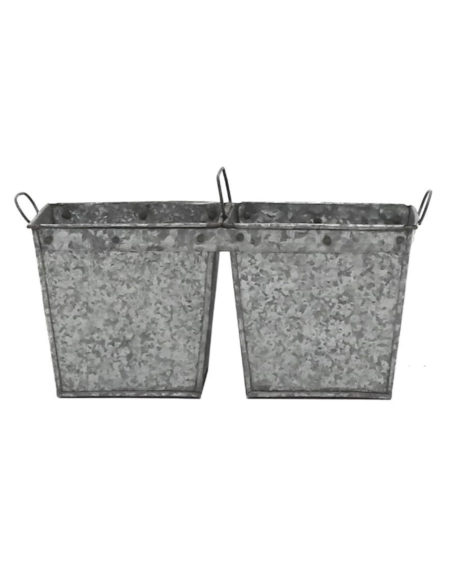 The FLINT DOUBLE PLANTER by Hawthorne is a pair of square-shaped, vintage-inspired planter bins made from reclaimed galvanized iron. Each bin has handles on both sides and features a speckled gray texture, making them ideal for planting lavender.