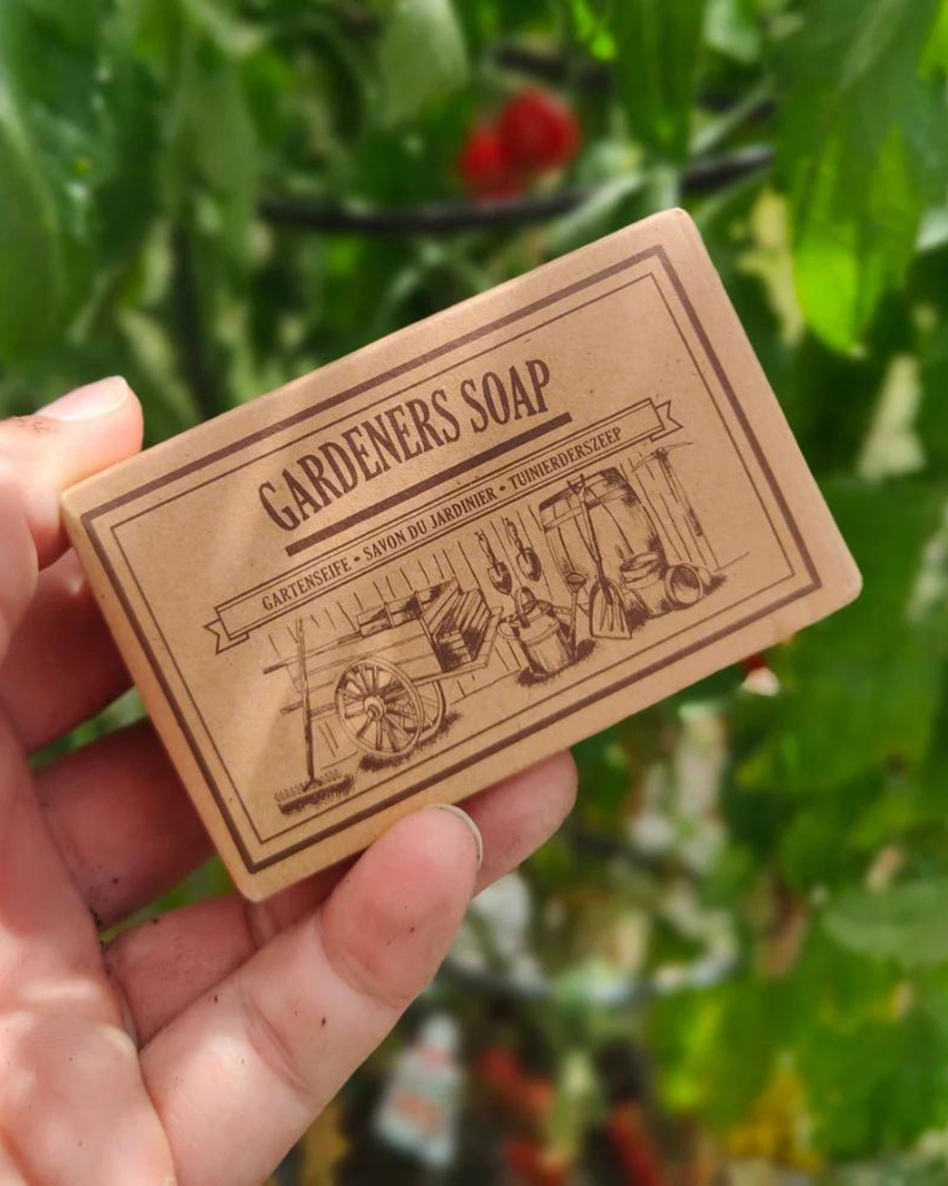 A hand holds a rectangular bar labeled GARDENERS SOAP by Provence Imports, featuring illustrations of gardening tools that emphasize its natural ingredients. Out-of-focus green and red plants create a vibrant backdrop.