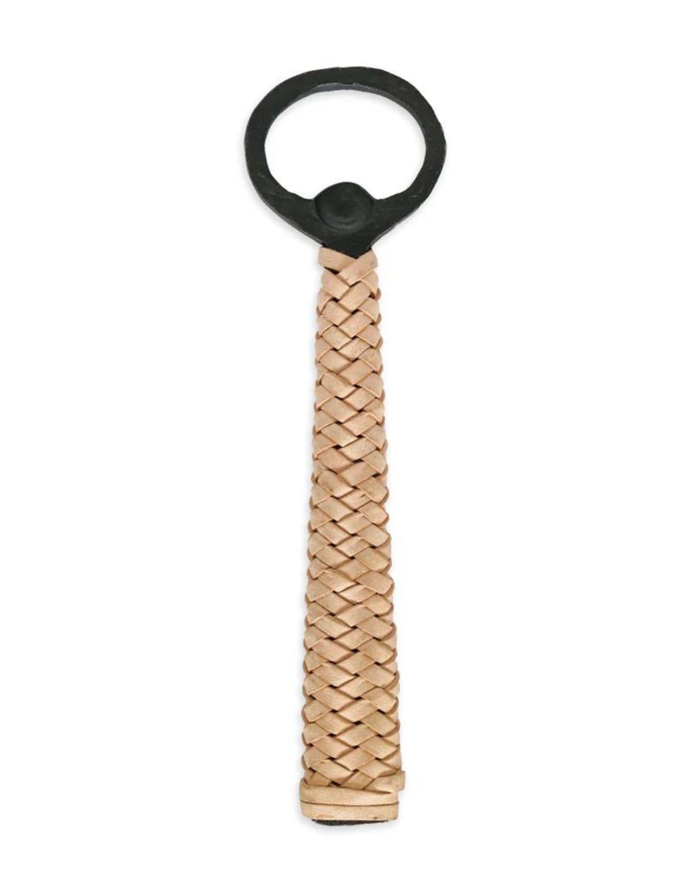 The LANDLUBBER BOTTLE OPENER by Society Ink boasts a sleek design with a round black metal top and a handle elegantly wrapped in tan braided leather, making it perfect for any occasion in Australia.