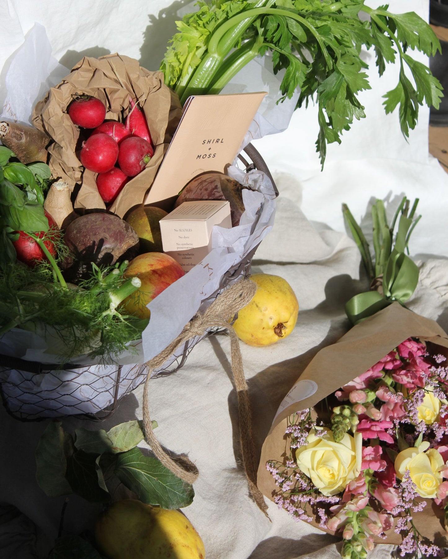 LOCAL MARKET PRODUCE AND BLOOMS GIFT BASKET