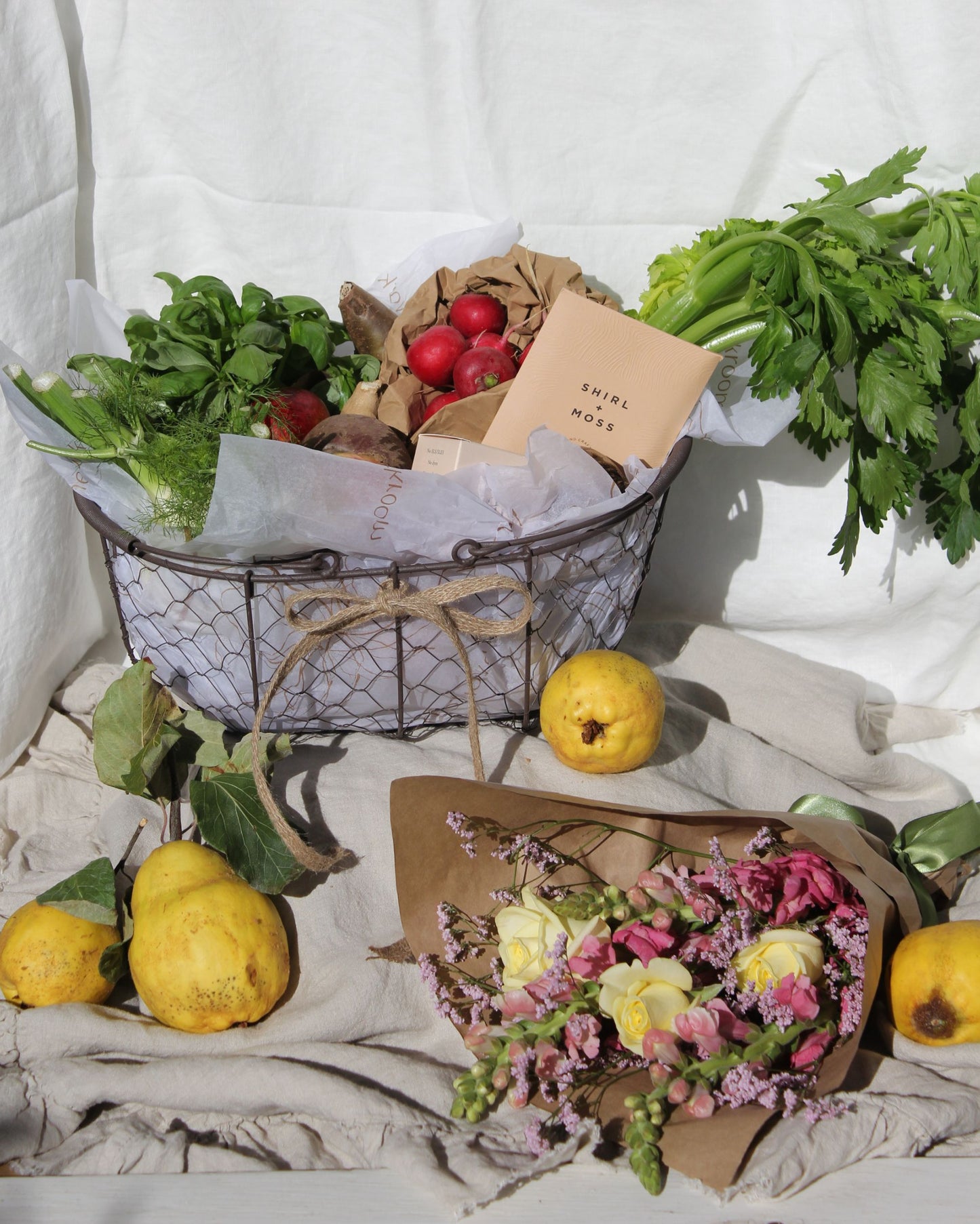 LOCAL MARKET PRODUCE AND BLOOMS GIFT BASKET