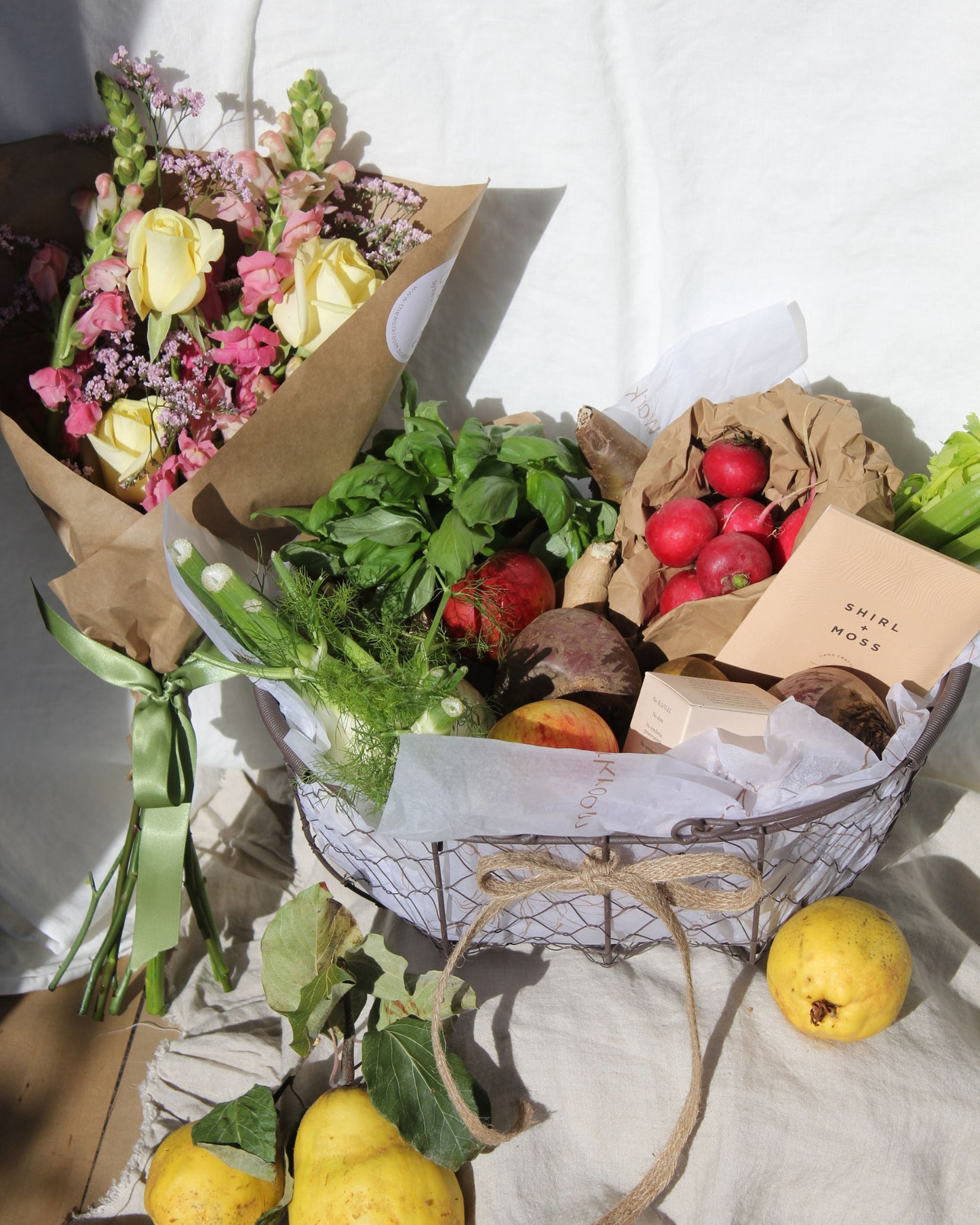 LOCAL MARKET PRODUCE AND BLOOMS GIFT BASKET