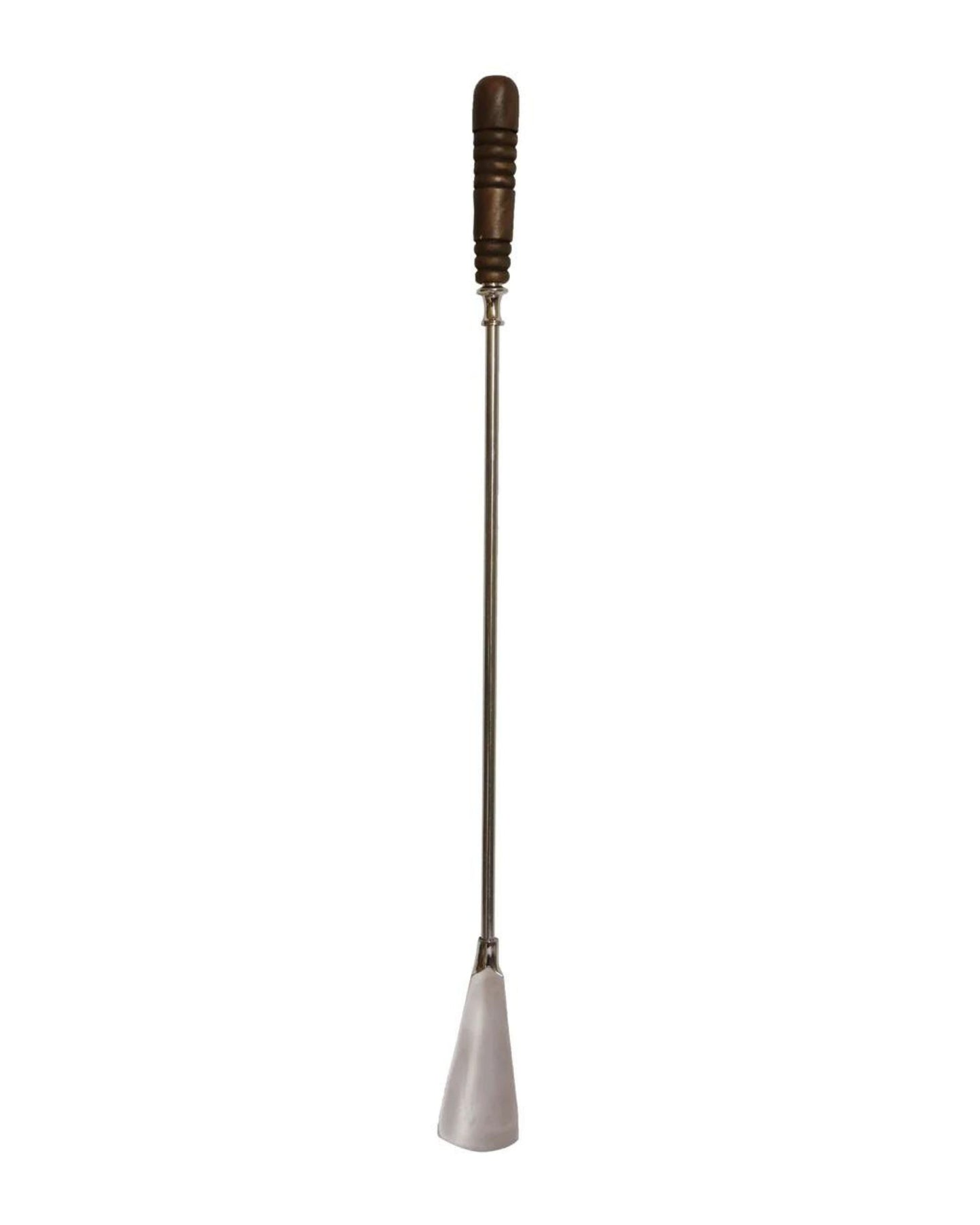 Introducing the LONG SHOE HORN by CC Interiors, featuring a brown wooden handle with an ergonomic grip for comfort, a slender shaft, and a wide, flattened tip at the end.