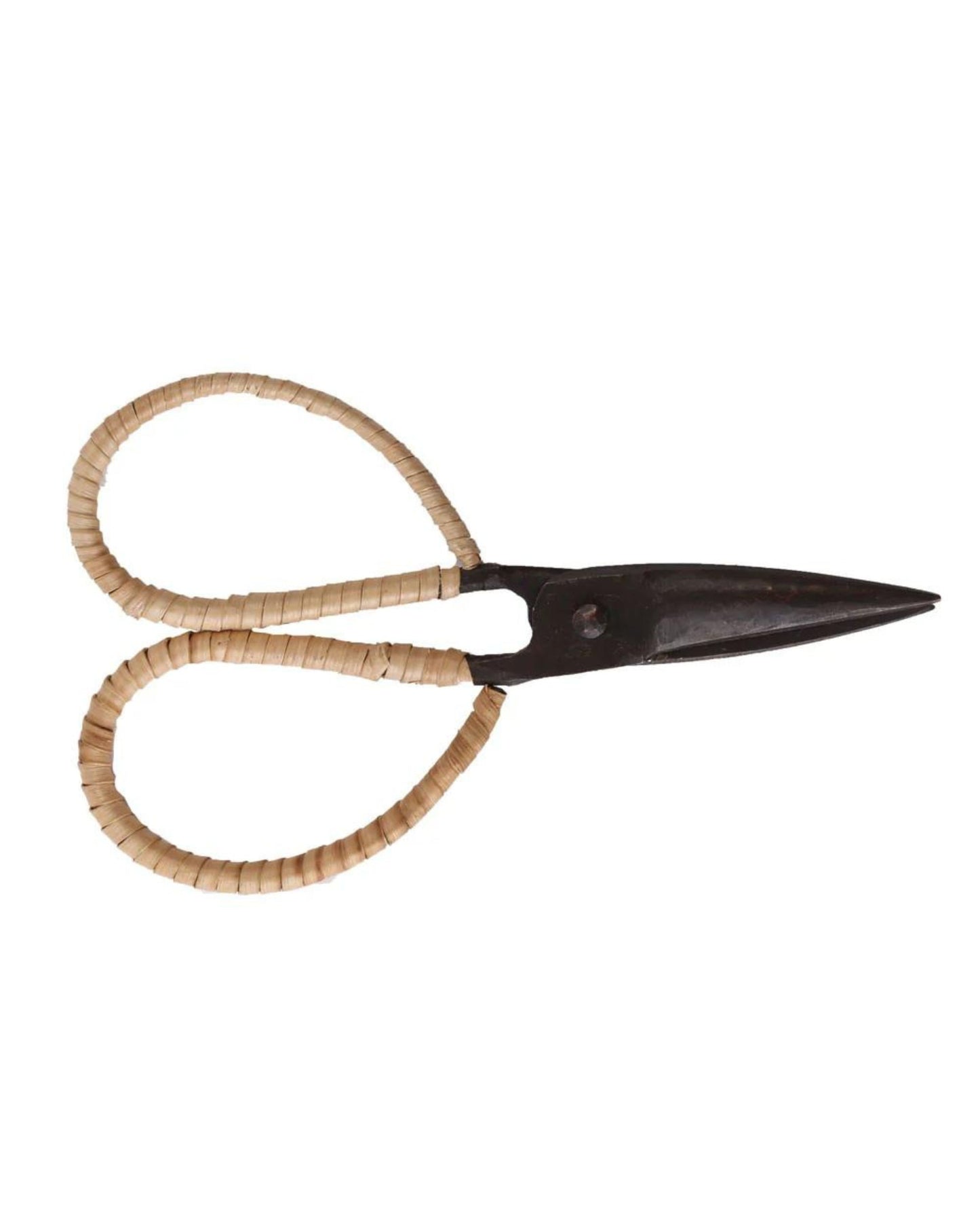 The MAKERS SCISSORS from Society Ink feature dark metal blades and handles elegantly wrapped in light-colored cane. Their simple and rustic design, complete with rounded handles, makes them a charming addition to any toolkit.