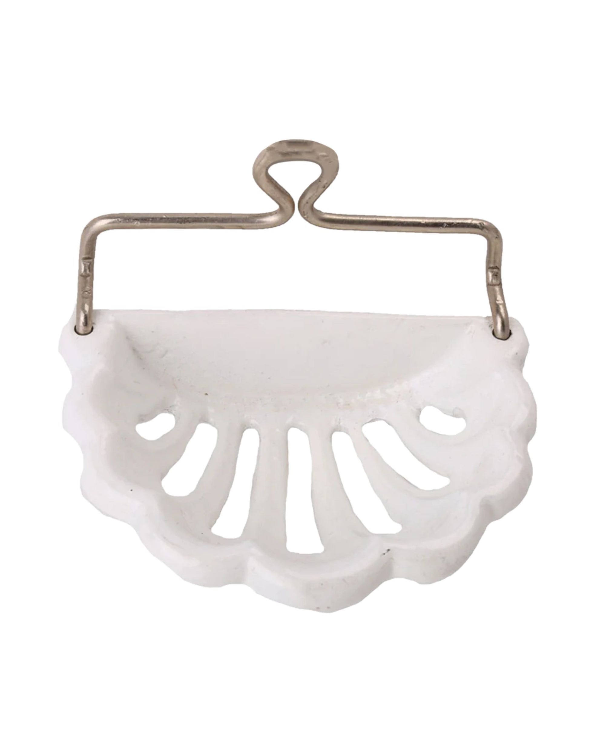 Introducing the MONGER SOAP DISH by Society Ink, a timeless porcelain piece featuring a scalloped edge and keyhole-shaped drainage holes, elegantly suspended on an iron hook design. Its classic white finish offers an elegant touch to your kitchen or bathroom.