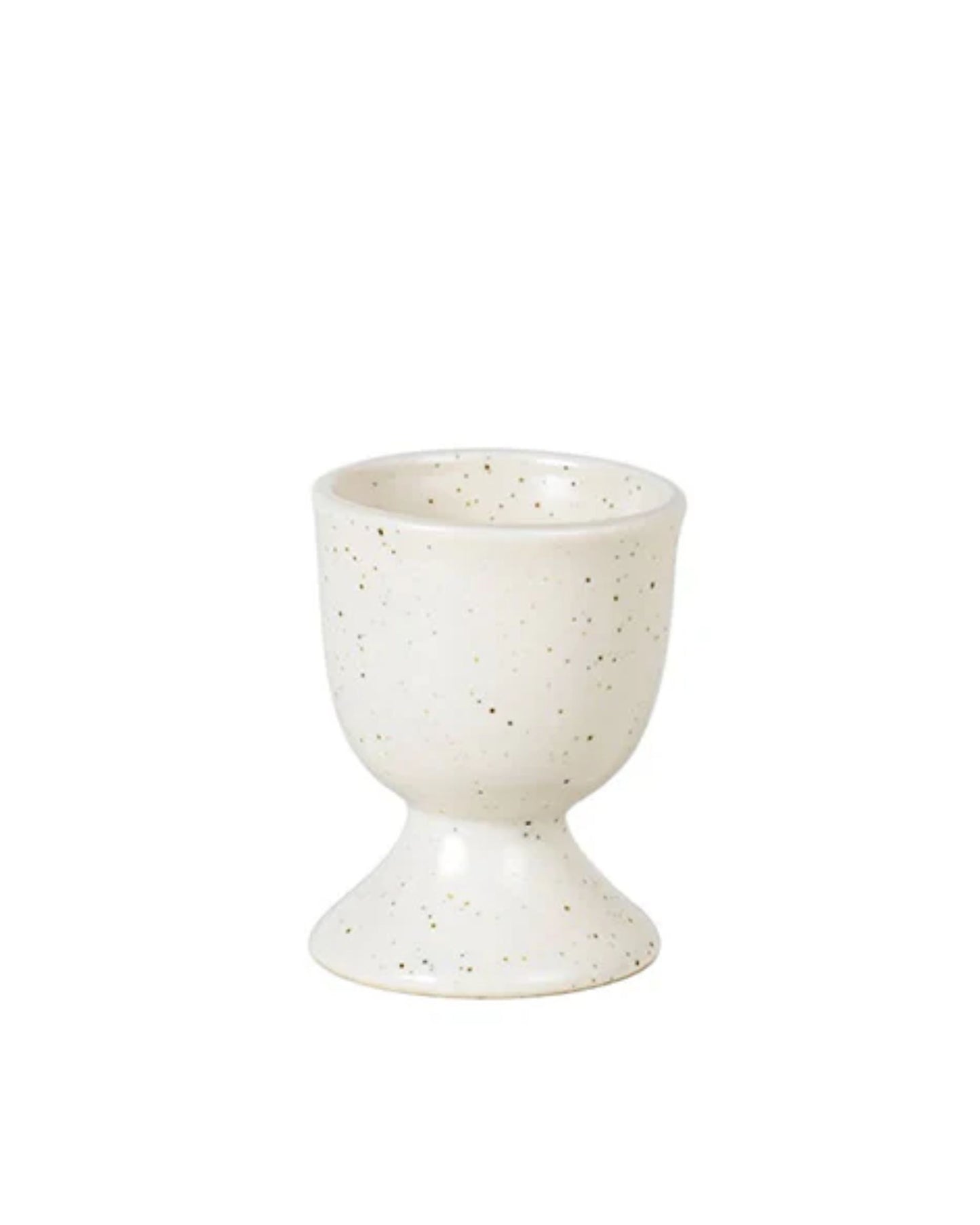 The Broste EGG CUP, ideal for a breakfast table, showcases a speckled design with a rounded bowl and flared base. This ceramic piece enhances morning routines with its charm.