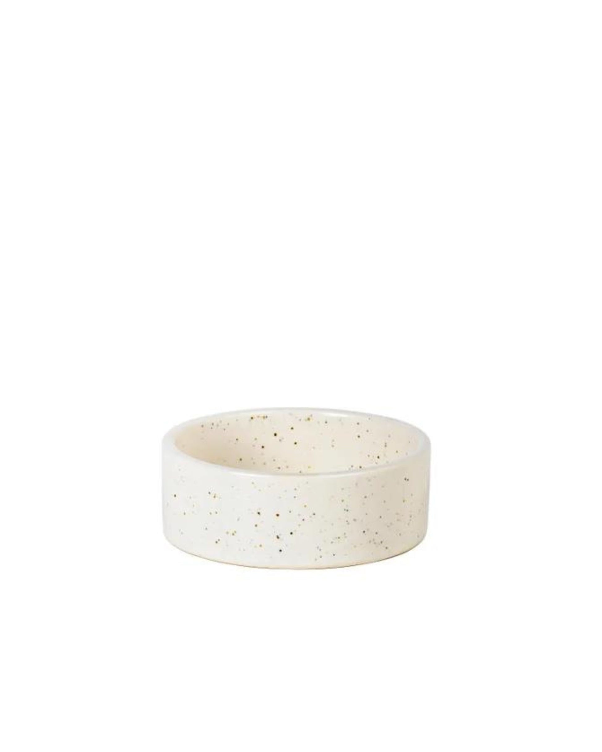 A Broste Nordic Vanilla Mini Round Bowl, featuring a speckled design on white ceramic, sits on a plain white background.