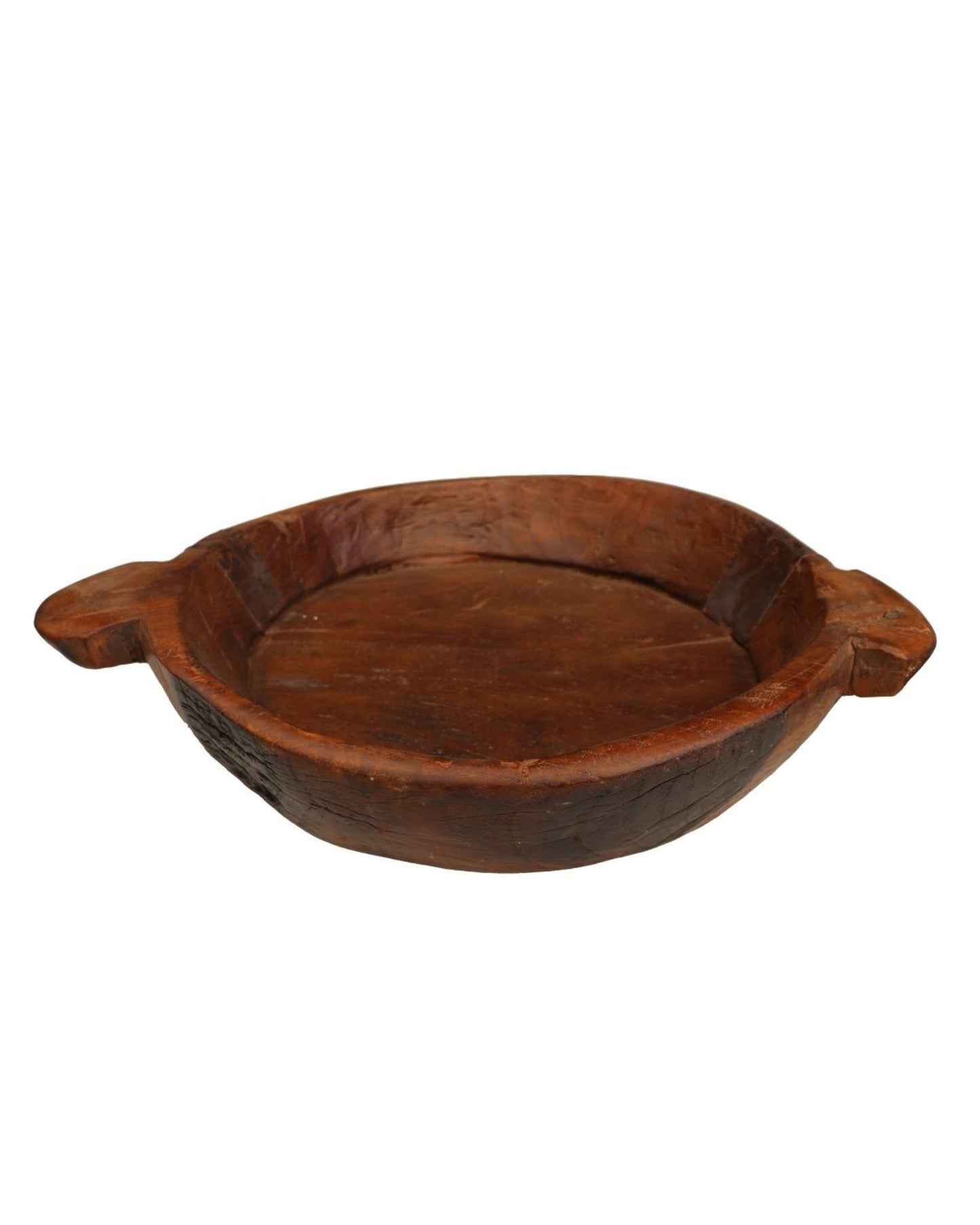 Introducing the WOODEN PARAT by Hawthorne, a stunning handcrafted piece that boasts a round, polished design complete with two small handles. Its rich brown color and prominent natural grain highlight traditional craftsmanship, ensuring it serves both as a functional item and an elegant decorative addition to your space.