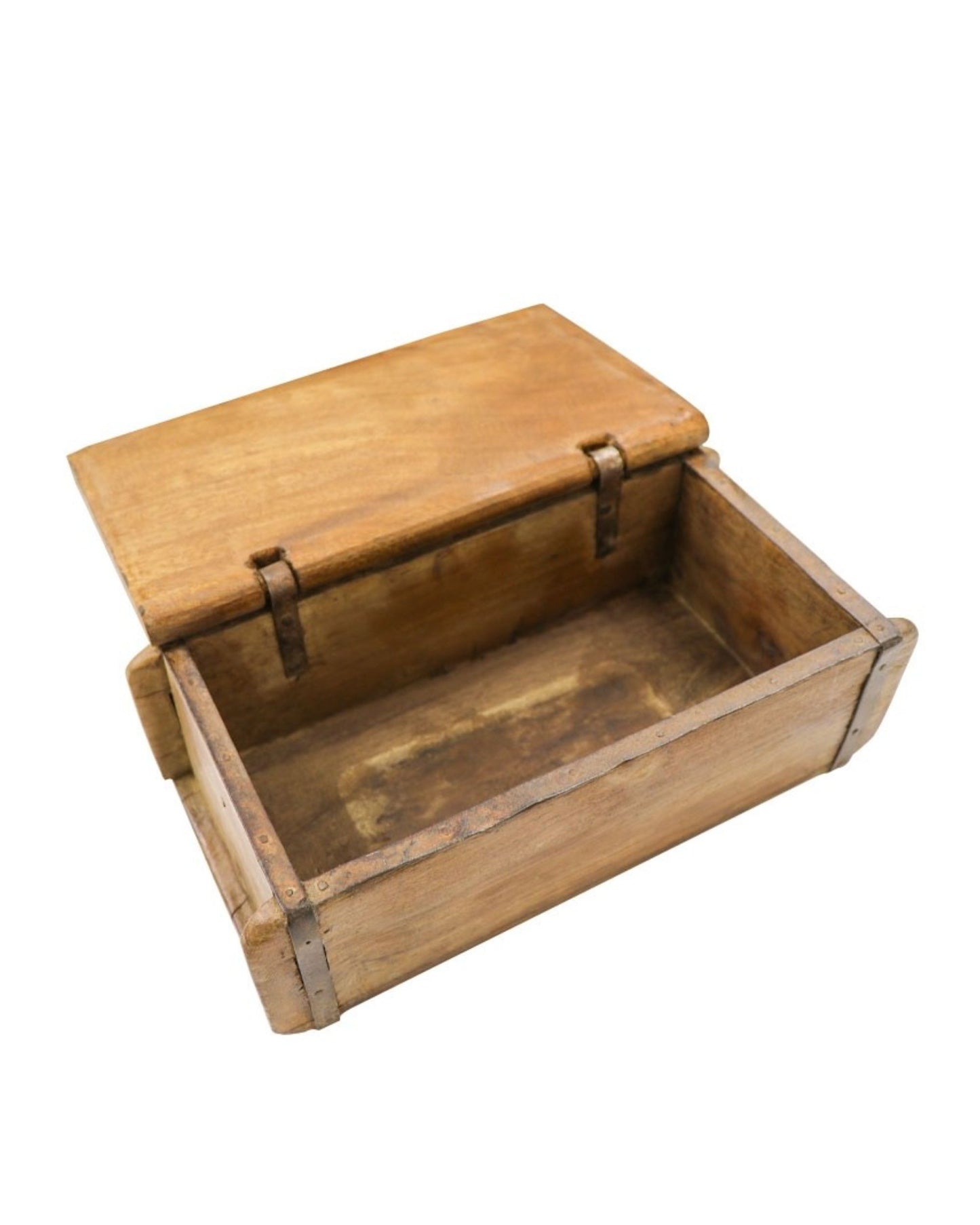 The BRICK MOULD WITH LID by Hawthorne, a handcrafted wooden box featuring metal hinges and a rustic appeal, resembling a traditional wooden brick mould, rests against a white backdrop. Its rectangular shape is complemented by a slightly curved lid, making it an ideal storage solution for distinctive items.