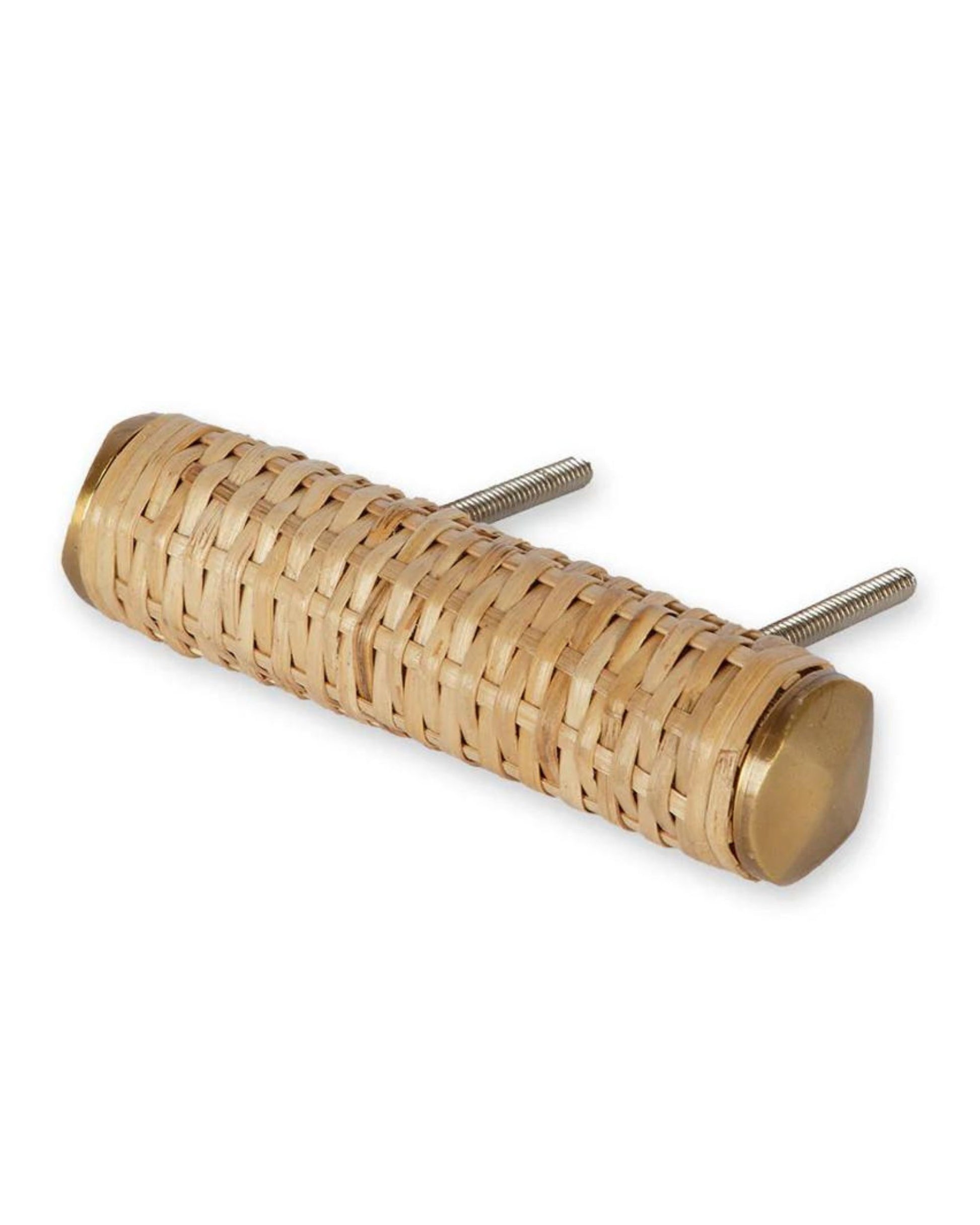 The PIMLICO DRAWER PULL from Society Ink showcases a cylindrical design made from light brown woven cane, accented with beaten brass ends, and includes two screws for straightforward installation.