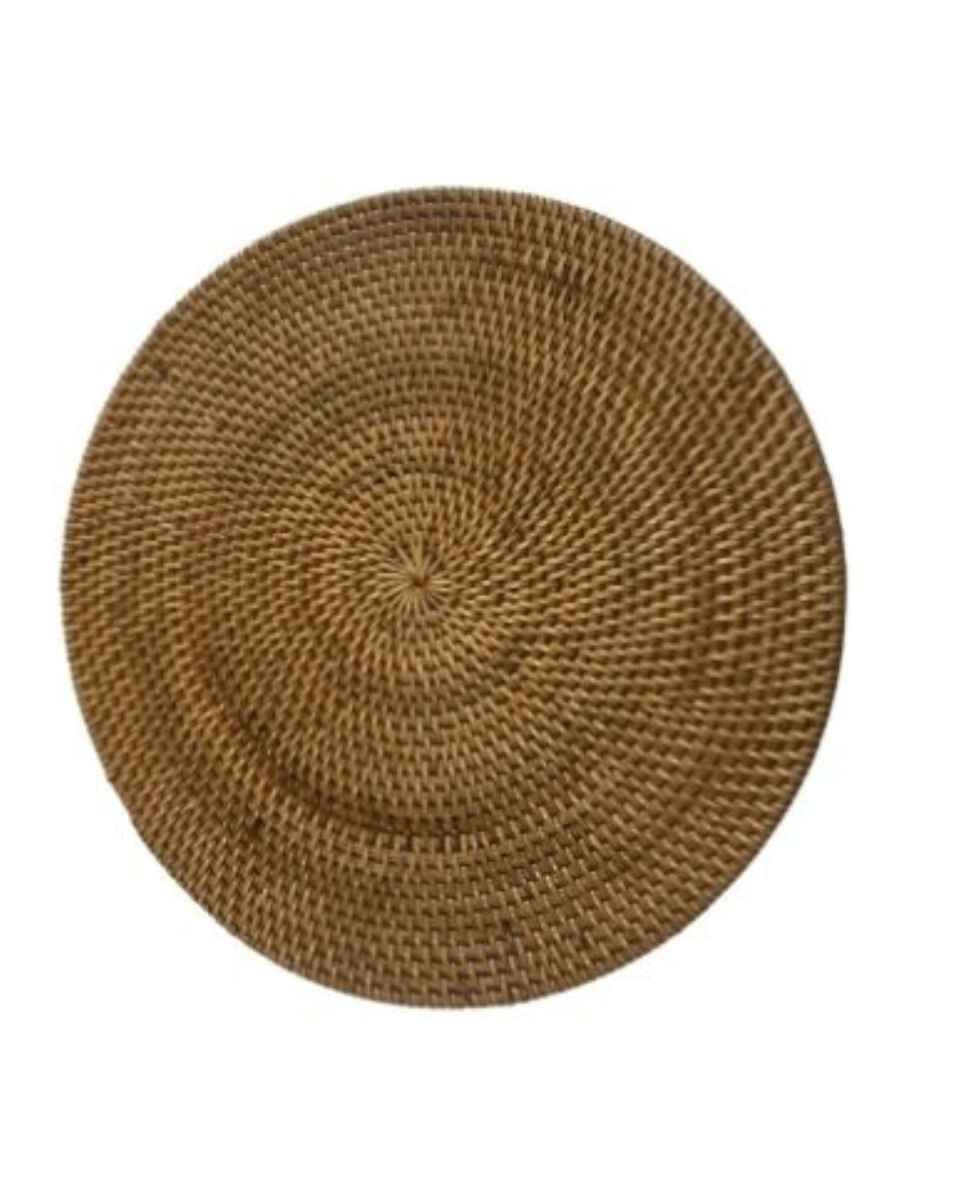 The ROUND RATTAN PLACEMAT by Le Monde is an ideal addition to rustic coastal-inspired decor, featuring a natural brown hue. Its intricate design showcases tightly interwoven strands that offer a textured appearance reminiscent of traditional handcrafted techniques, made from eco-friendly rattan.