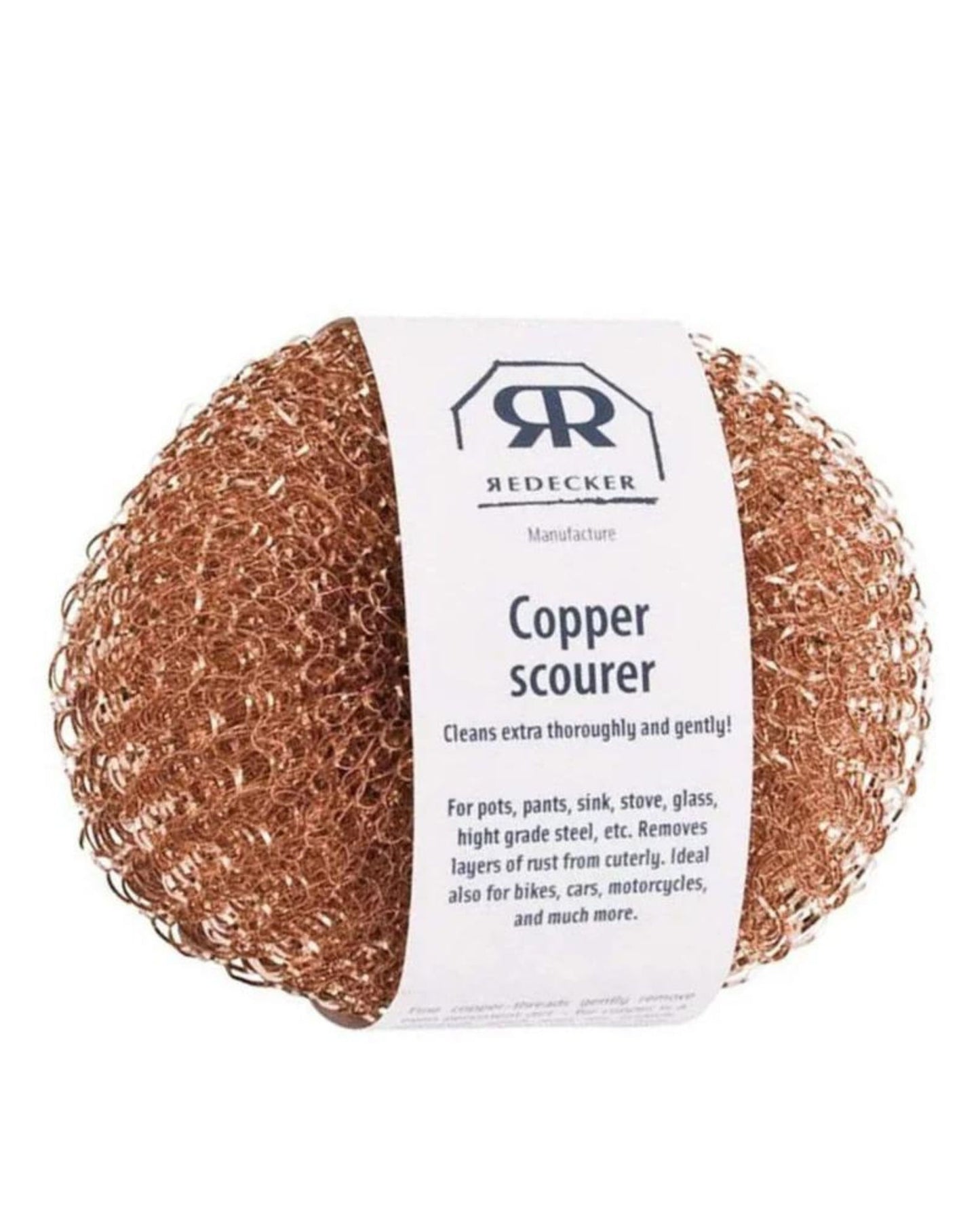 Introducing the Redecker Copper Scourer - Set of 2, a versatile cleaning tool ideal for scrubbing pots, pans, sinks, and more. These scourers are perfect for removing rust from cutlery and are safe to use on a variety of surfaces like bikes and stoves. Made from recyclable copper fiber, they provide an eco-friendly solution to your cleaning needs.