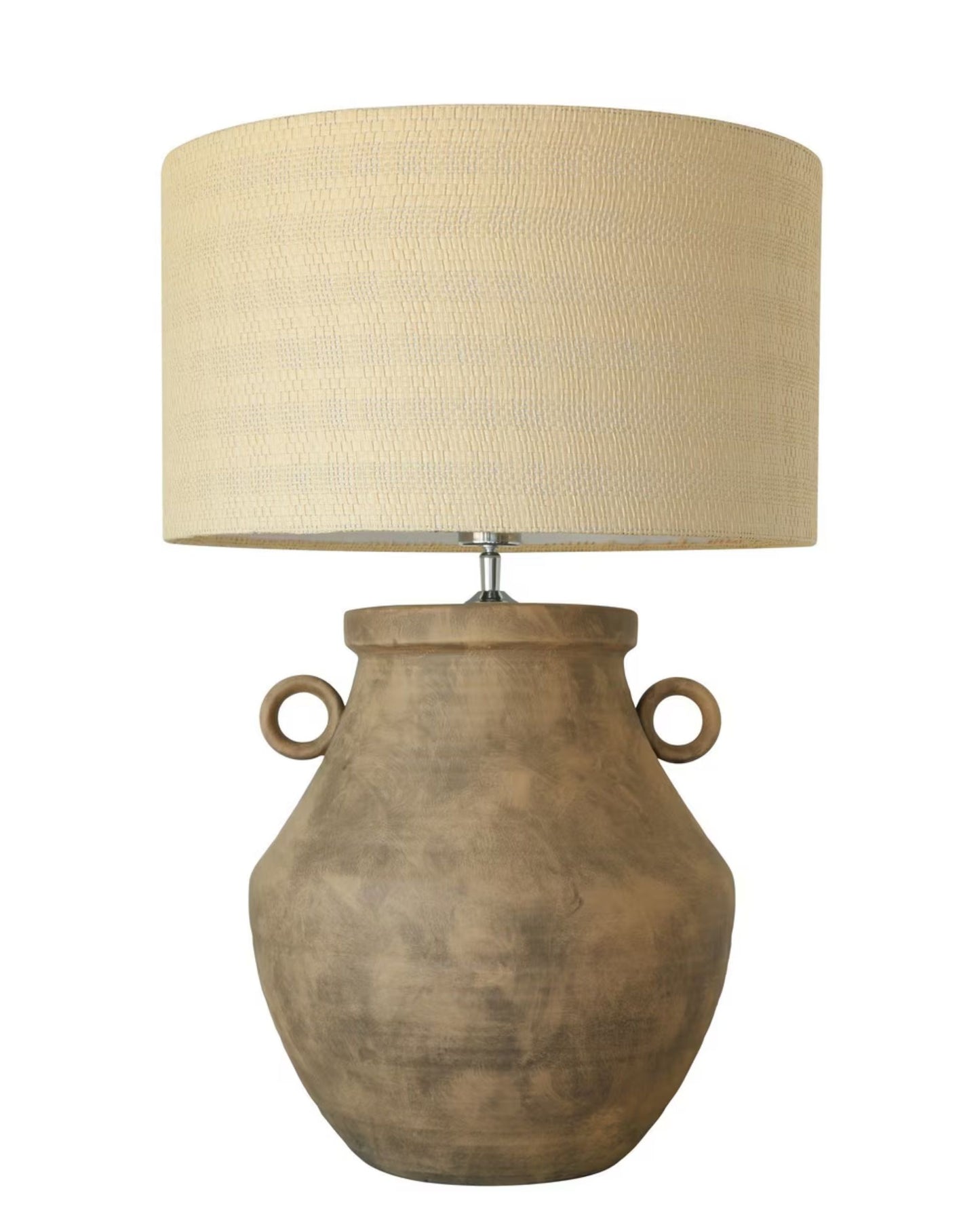 BROWN CERAMIC LAMP W/ HESSIAN SHADE