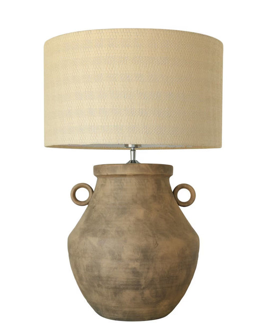 BROWN CERAMIC LAMP W/ HESSIAN SHADE