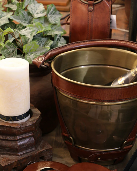 RIVIERA BRASS WINE COOLER WITH LEATHER HANDLES