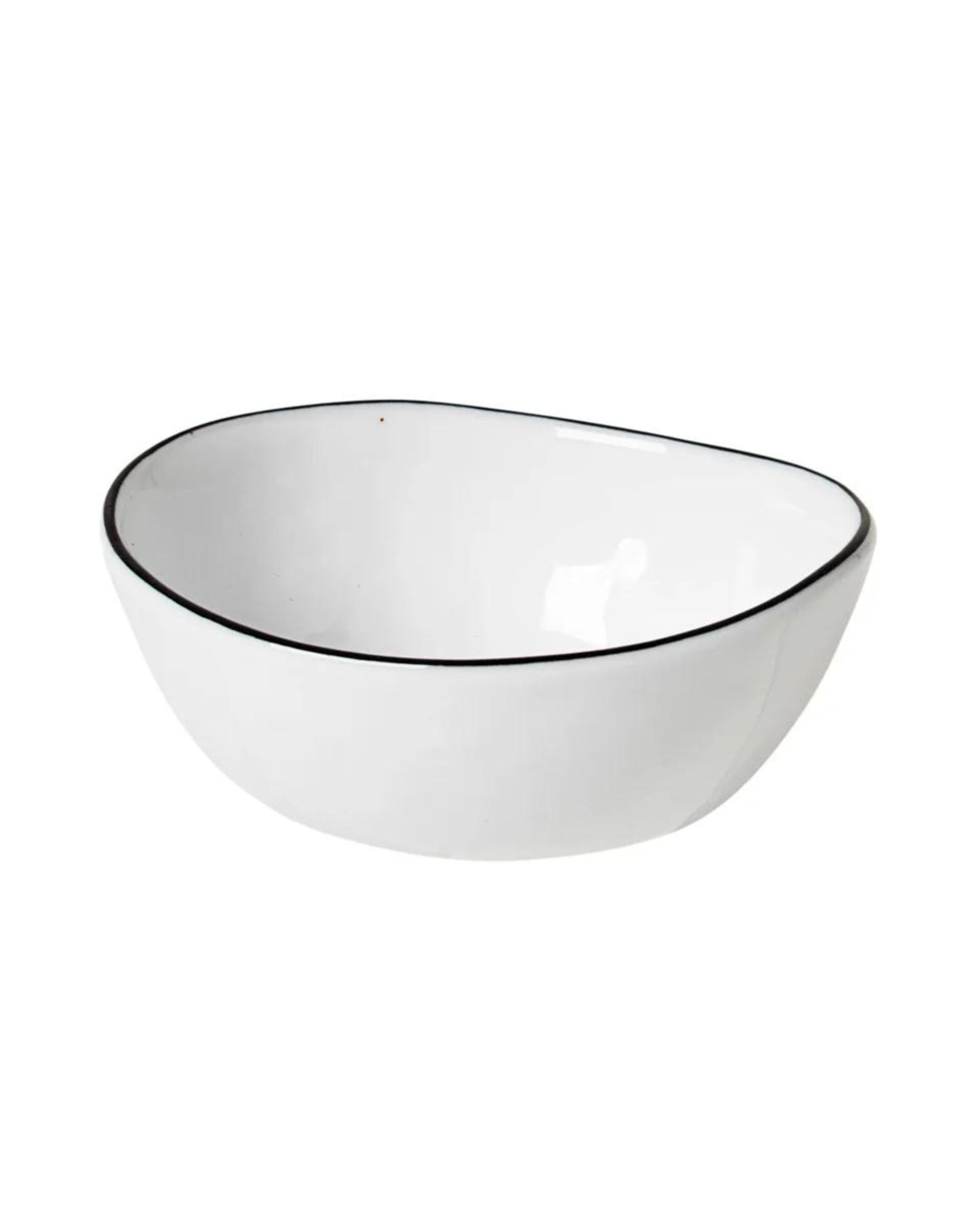 The SALT BUTTER BOWL by Broste, crafted in white ceramic, showcases an organic, uneven shape with a black rim, making it ideal for a luxury table setting against a plain white background.
