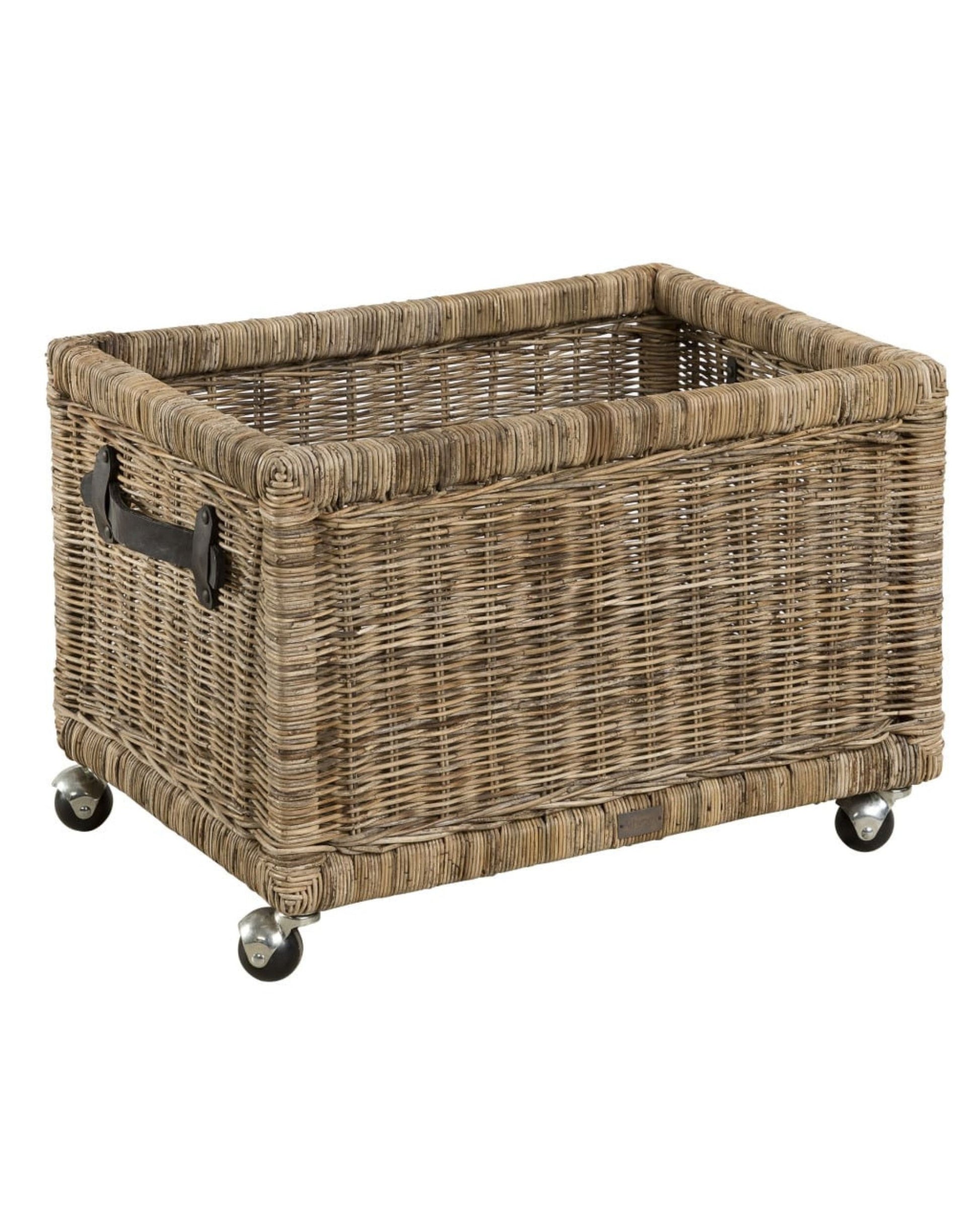 Introducing the Artwood STORAGE BASKET WITH CASTORS: This rectangular wicker storage basket features handles on each side and four small castors at the bottom. It comes in a natural brown color, making it the perfect choice for organizing your space.