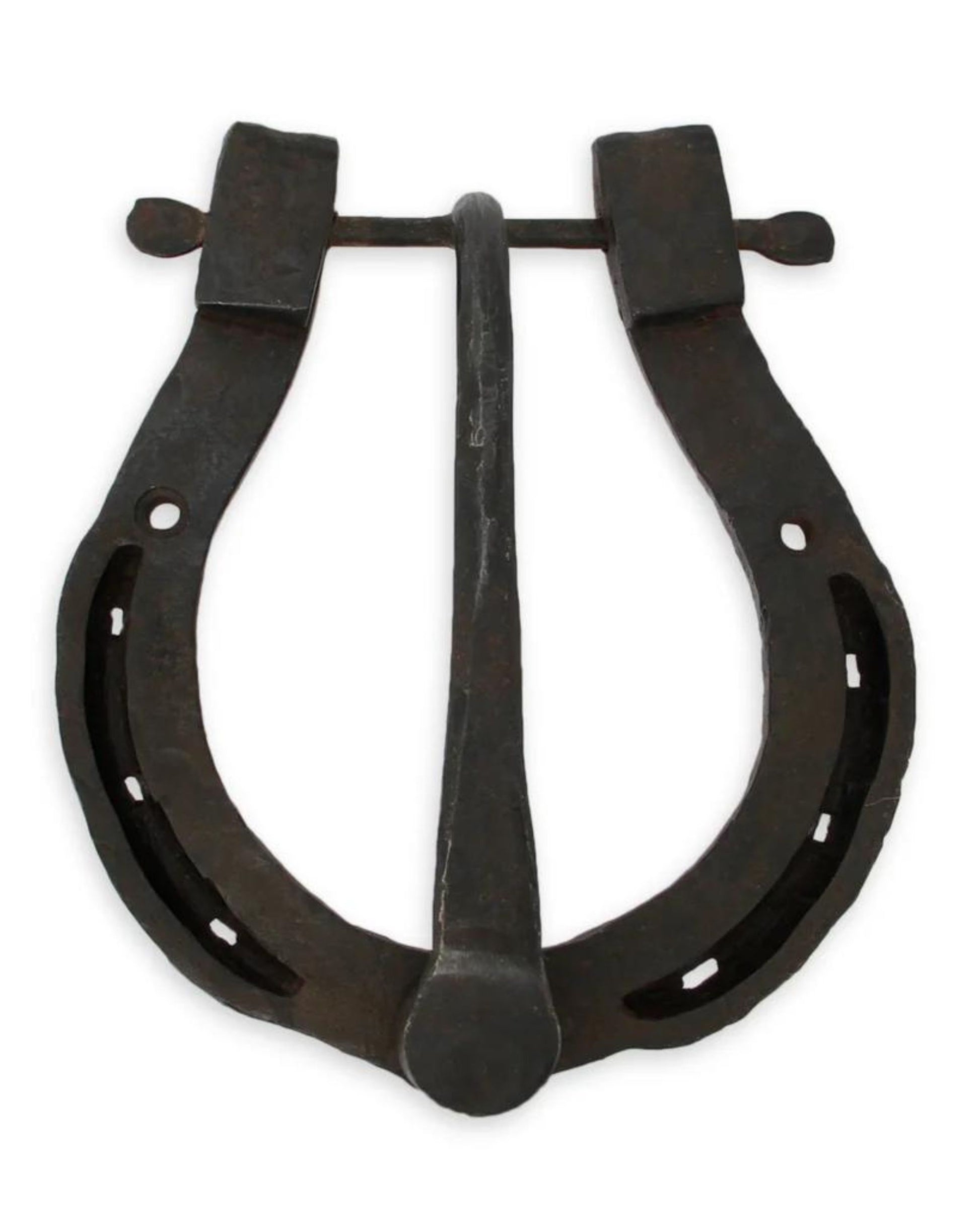 The TALISMAN DOOR KNOCKER by Society Ink, with its weathered, horseshoe-shaped design and a handle at the top, exudes the aura of a lucky charm reminiscent of a vintage door knocker. Displayed against a plain white background, it captures both rustic charm and timeless symbolism.