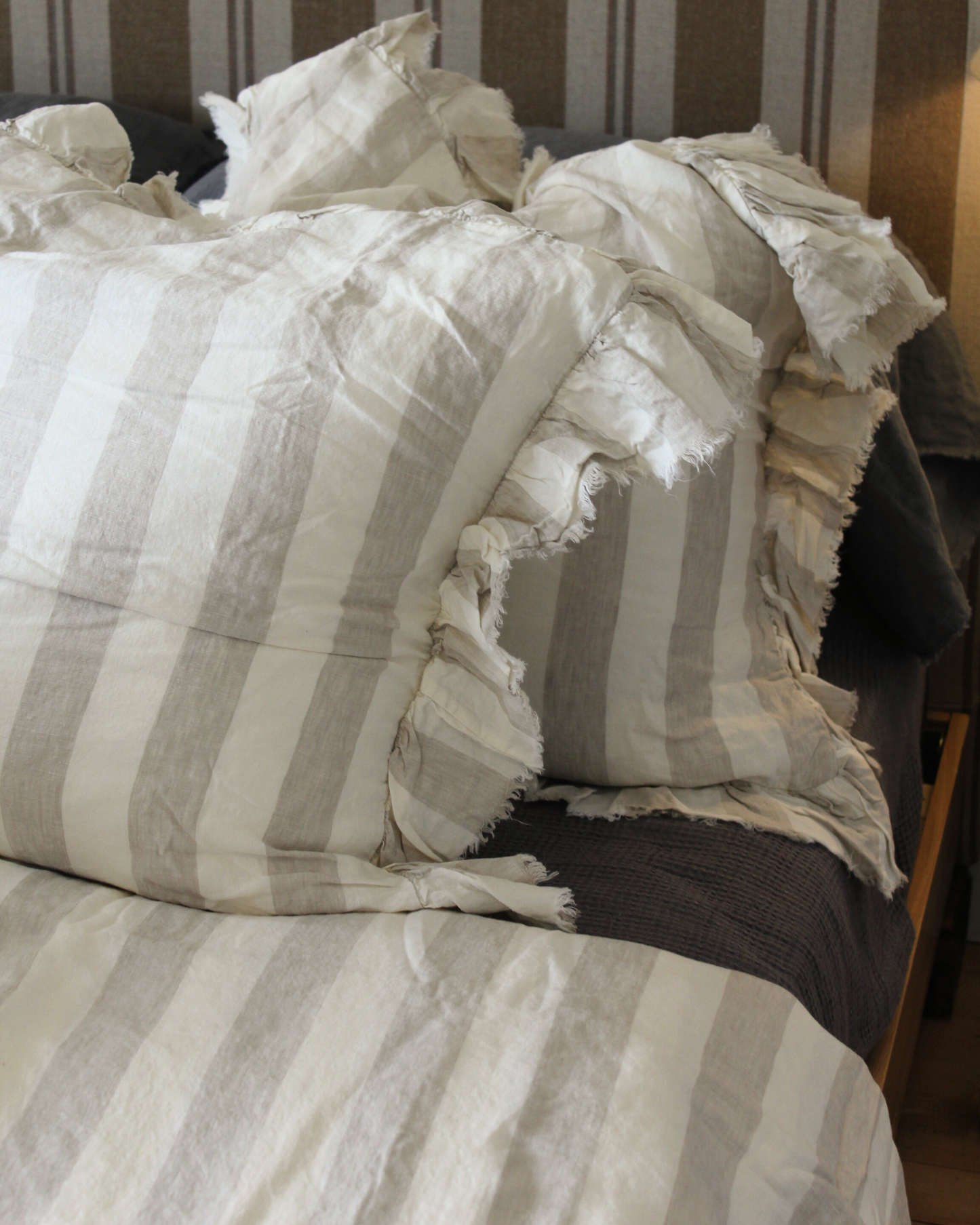 LE LIN WIDE NATURAL STRIPE RUFFLE EDGE EURO PILLOW CASES