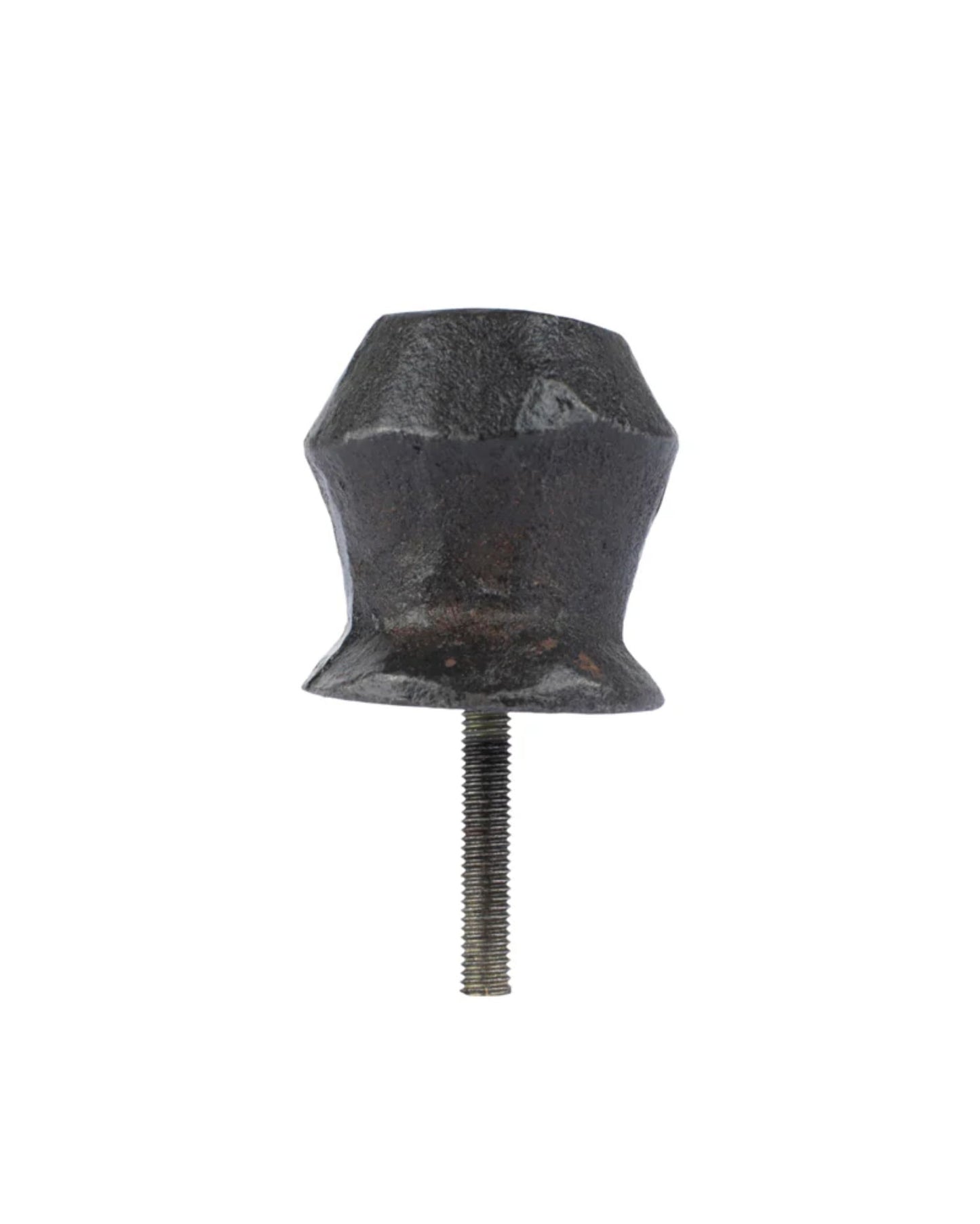 A THORNBILL DRAWER KNOB by Society Ink, featuring a hexagonal black metal design with a smooth, rounded top and a threaded screw at the bottom, evocative of artisanal craftsmanship by skilled blacksmiths, presented against a white background.