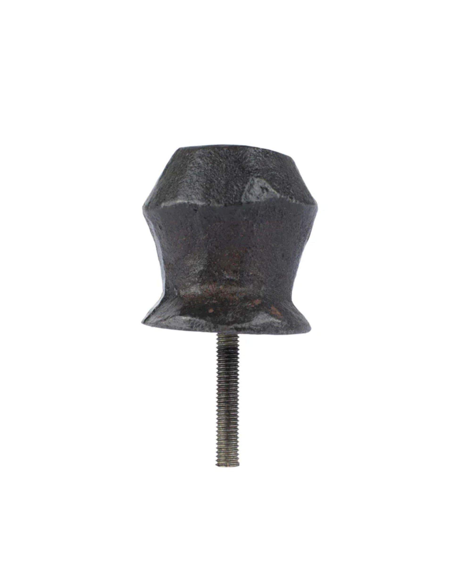 A THORNBILL DRAWER KNOB by Society Ink, featuring a hexagonal black metal design with a smooth, rounded top and a threaded screw at the bottom, evocative of artisanal craftsmanship by skilled blacksmiths, presented against a white background.