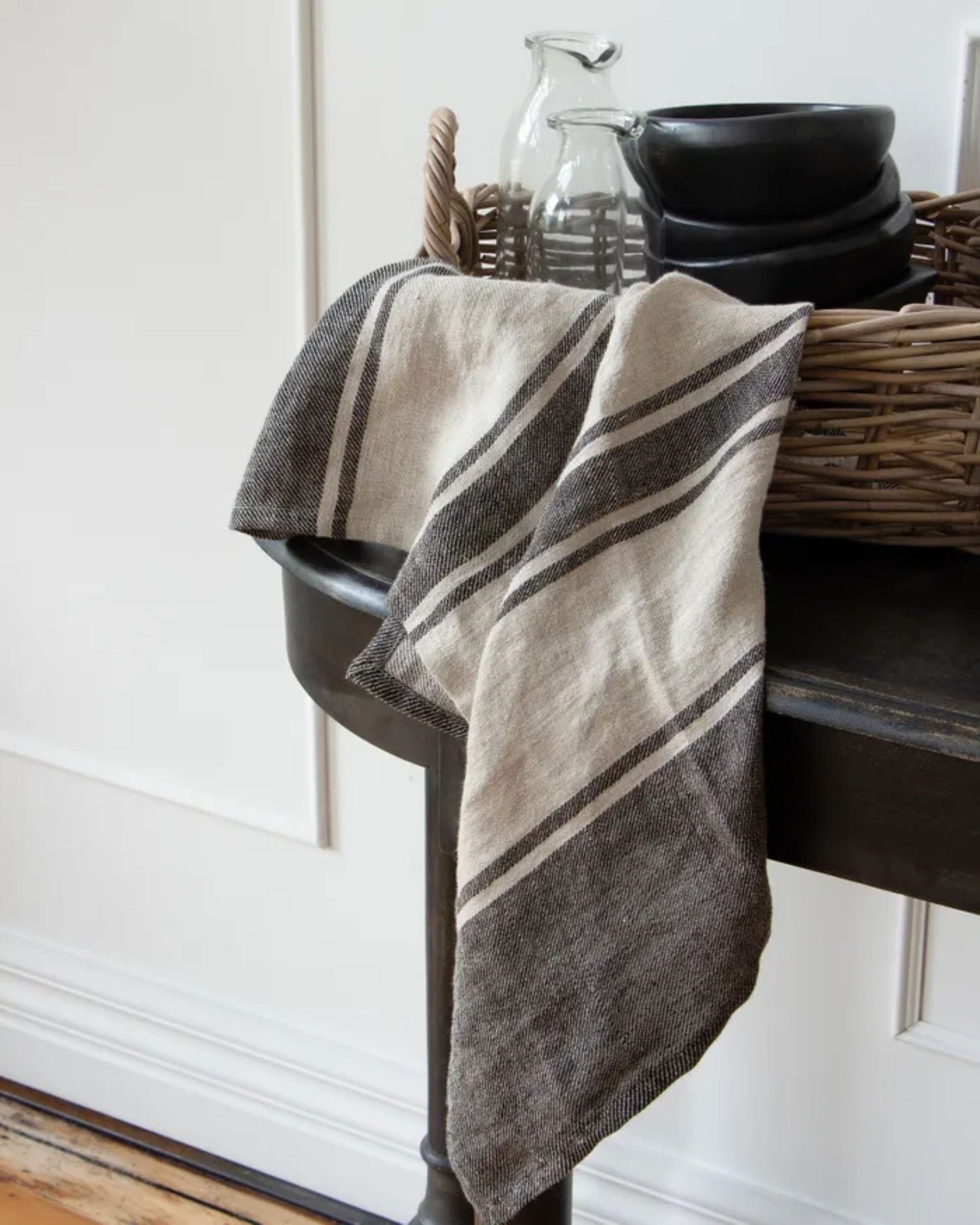 TWILL TEA TOWEL - CHARCOAL WITH NATURAL STRIPES