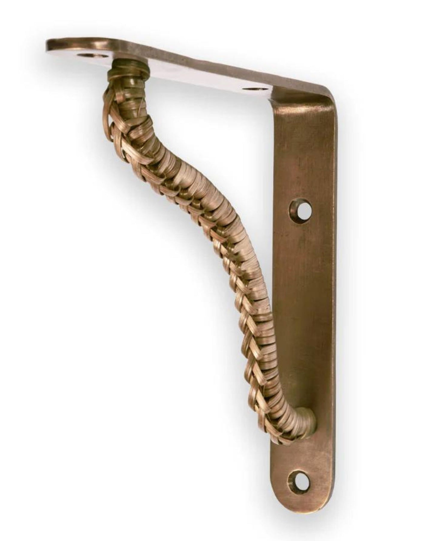 The WYETH BRACKET by Society Ink is a decorative shelf bracket with a woven metal design and a bronze finish, featuring three screw holes for mounting.