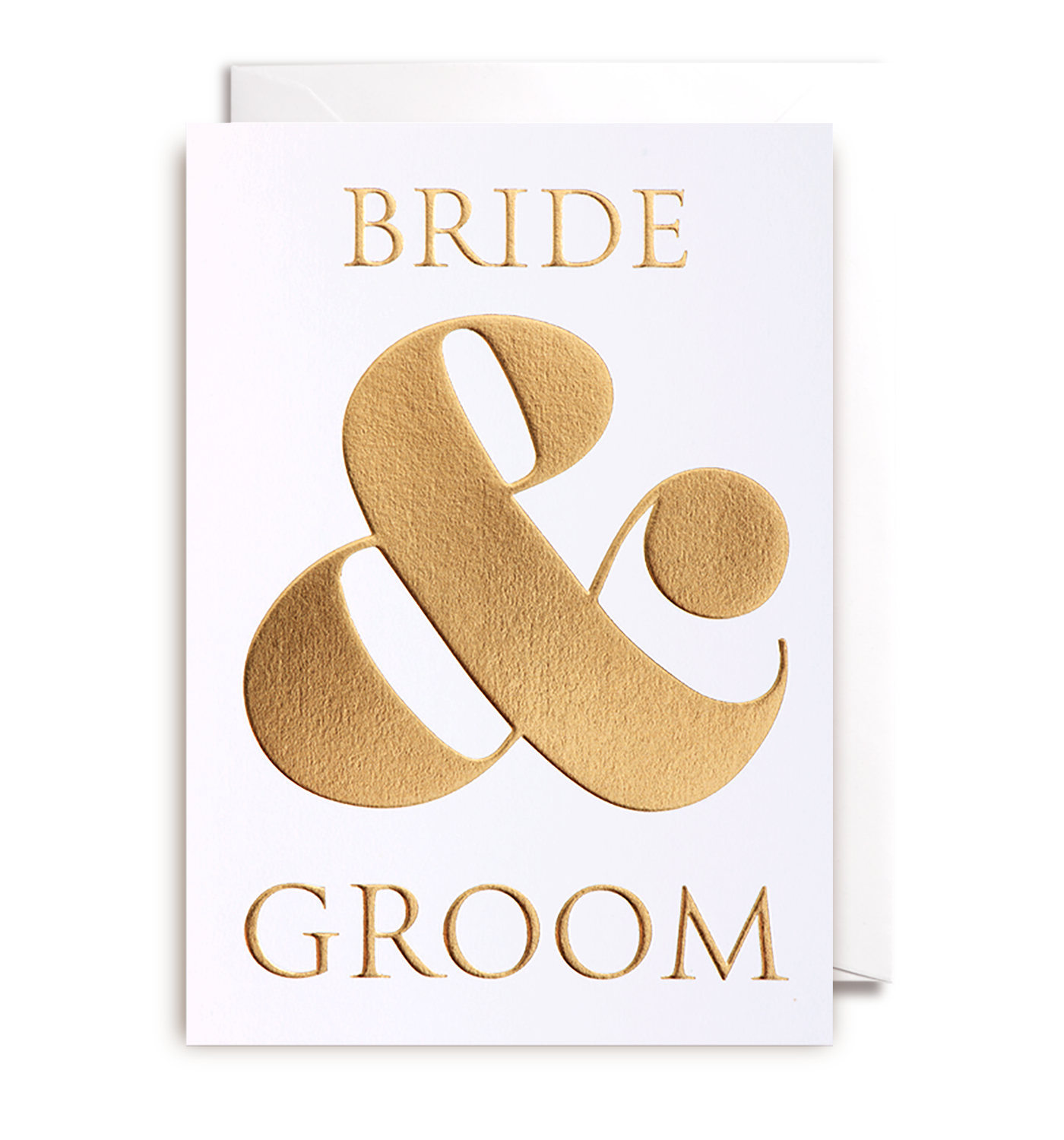 The Oxted BRIDE AND GROOM - GREETING CARD, in a pristine white design, features an elegant gold embossing of "BRIDE & GROOM" alongside a large ampersand. Slightly open, it warmly invites heartfelt wishes on its immaculate interior.