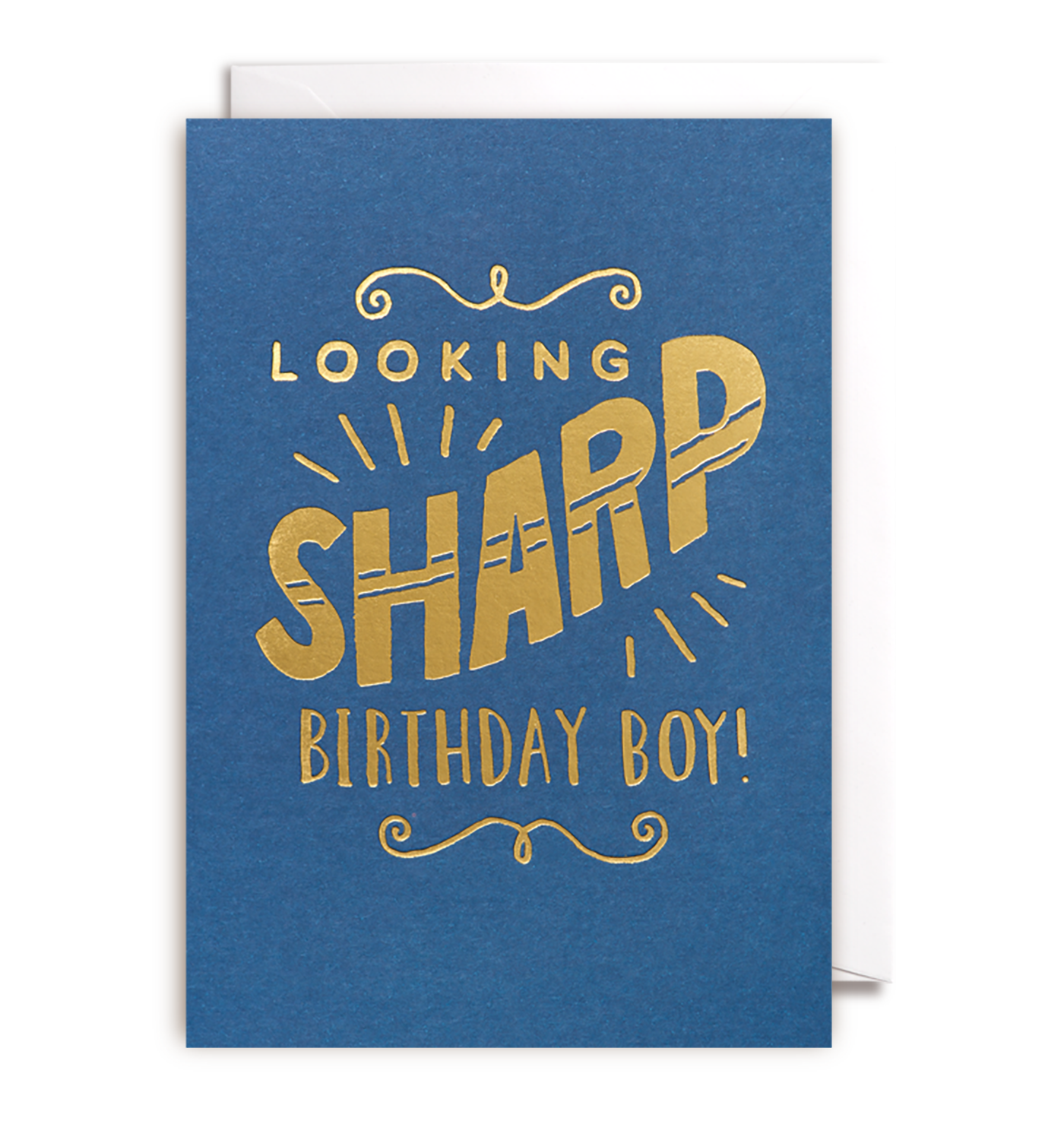 A blue greeting card named "LOOKING SHARP BIRTHDAY BOY" by Oxted features the text "Looking Sharp Birthday Boy!" in bold gold letters. The word "Sharp" is embellished with stylized lines for a dynamic effect, and the card is displayed slightly open.