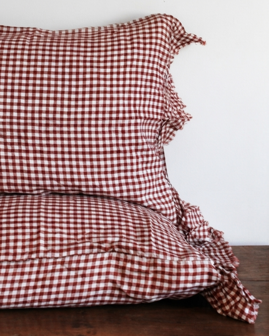 LE LIN STD PILLOWCASE SET RUFFLE - MULBERRY GINGHAM