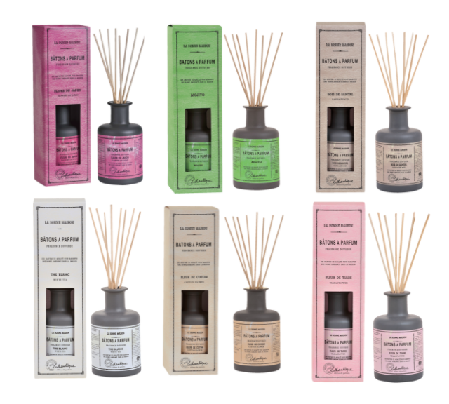 Introducing the La Bonne Maison LA BONNE MAISON FRAGRANCE DIFFUSER, a collection of French room diffusers available in a variety of scents and packaging colors such as pink, green, beige, and gray. Each bottle comes with long, natural reeds to effectively disperse delightful fragrances throughout your home.