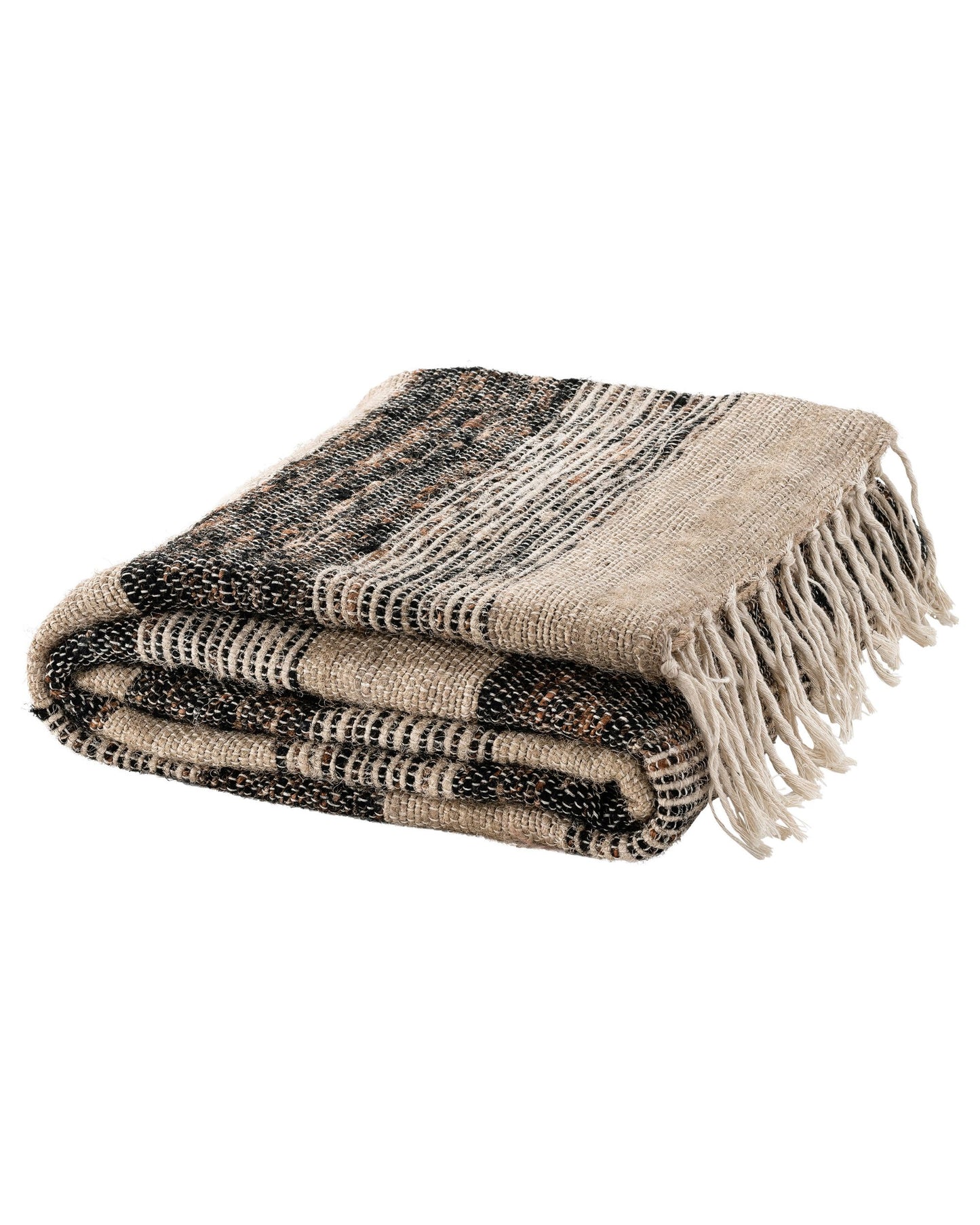 The ABRIENNE NATURAL THROW by Artwood is a folded beige and black cotton throw, showcasing a striped pattern with fringe on one edge, making it an ideal home accessory that embraces a natural palette.